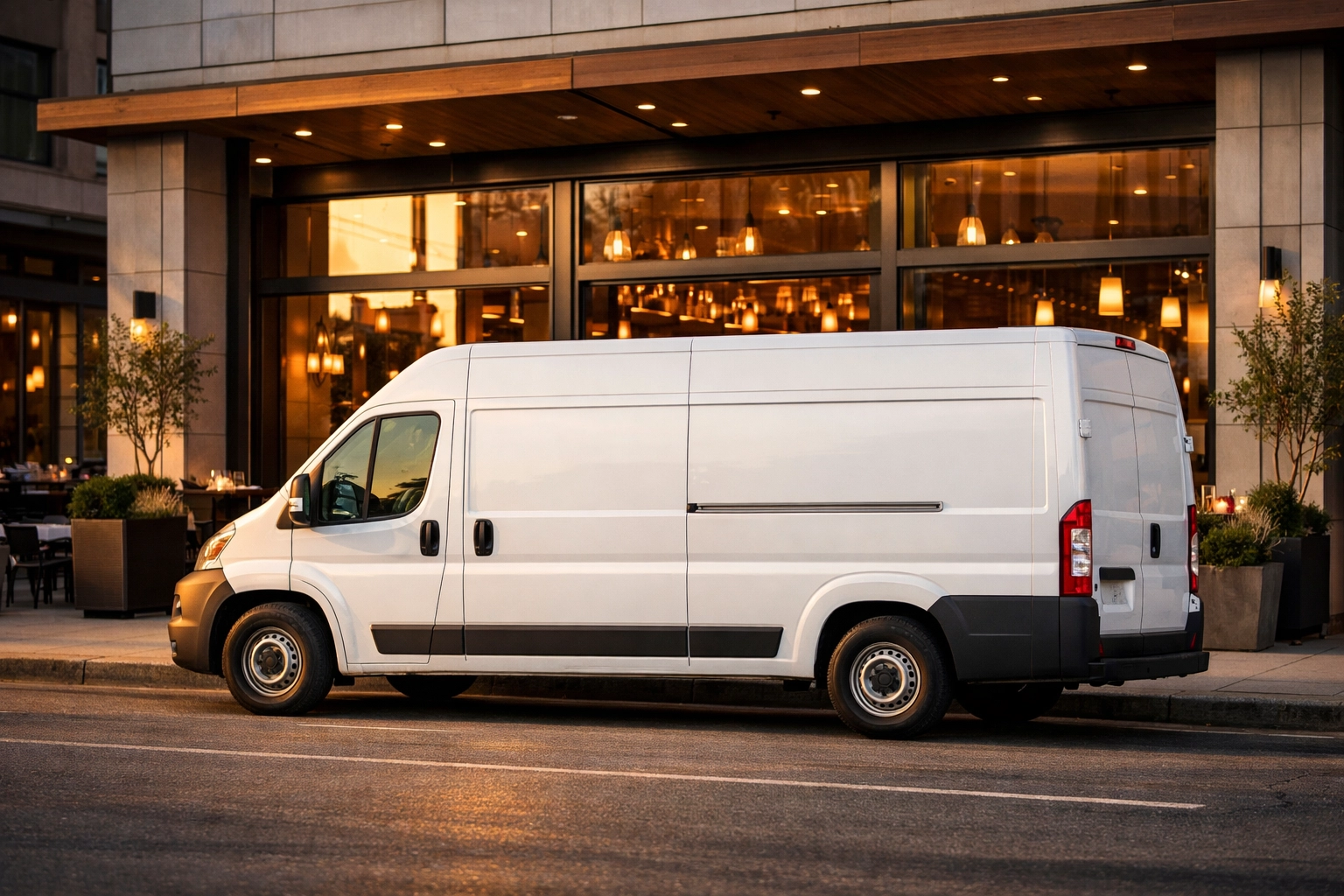 White restaurant delivery van parked in front of a building, requiring commercial auto insurance.