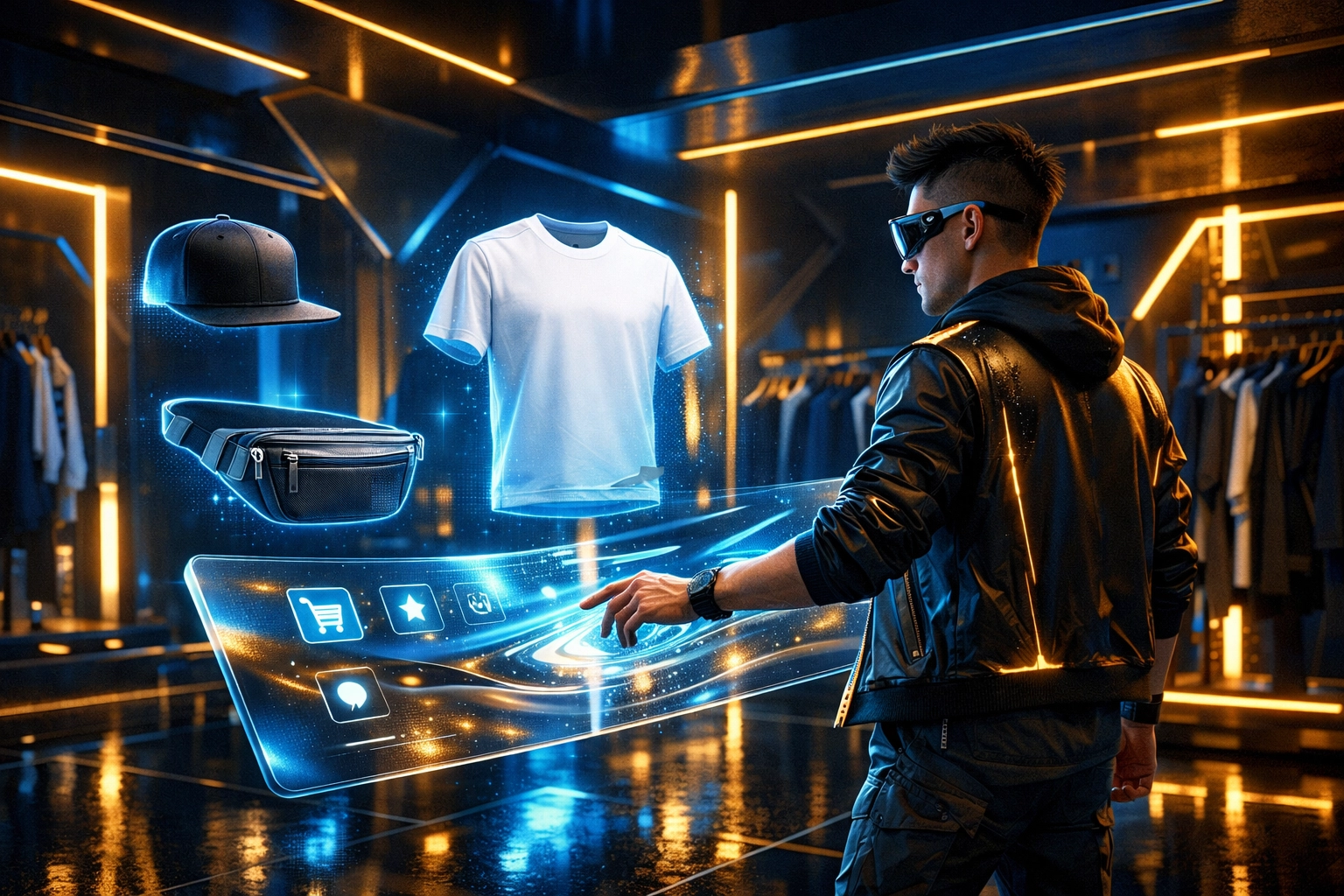 Metaverse shopper browsing holographic Larecoin streetwear in a virtual boutique powered by larecoin.ai technology.