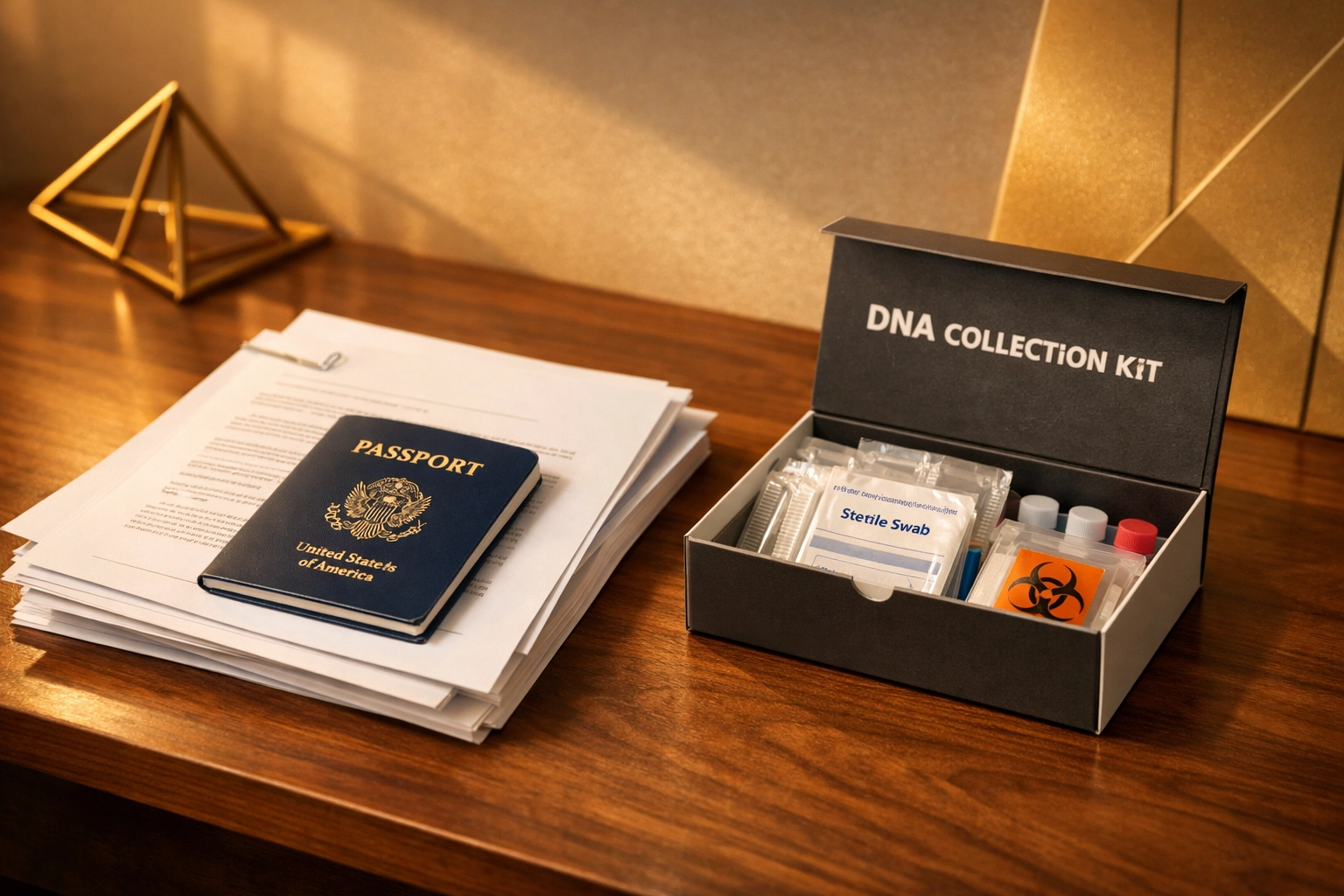 Immigration DNA test kit and legal documents for a Chicago USCIS appointment.