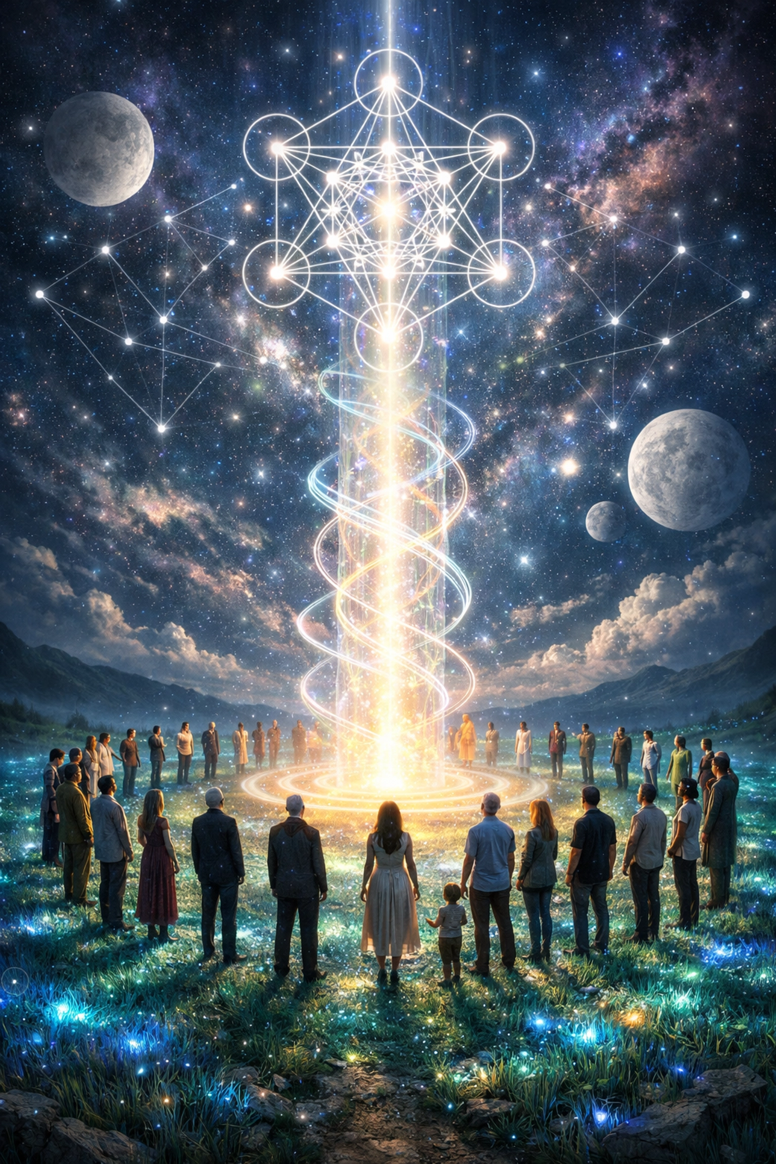 Diverse group in a circle of evolution with a light pillar symbolizing community life coaching.