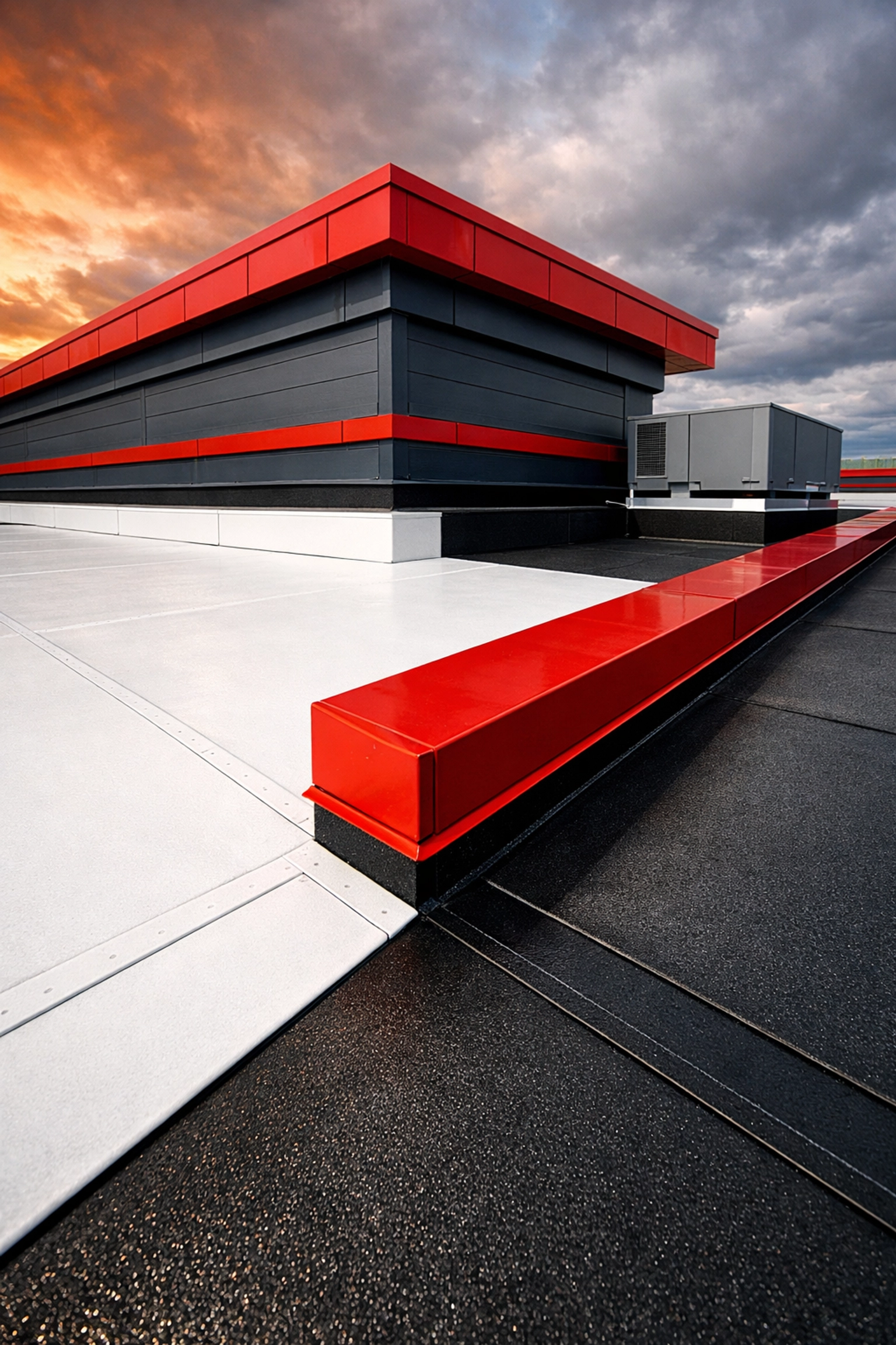 Commercial flat roof in Salisbury MD showing white TPO and black EPDM membrane sections for energy efficiency.