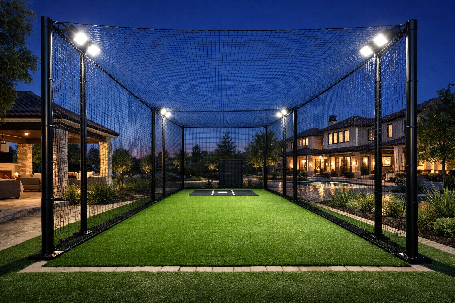 Luxury backyard batting cage in Houston with professional turf and directional LED sports lighting.