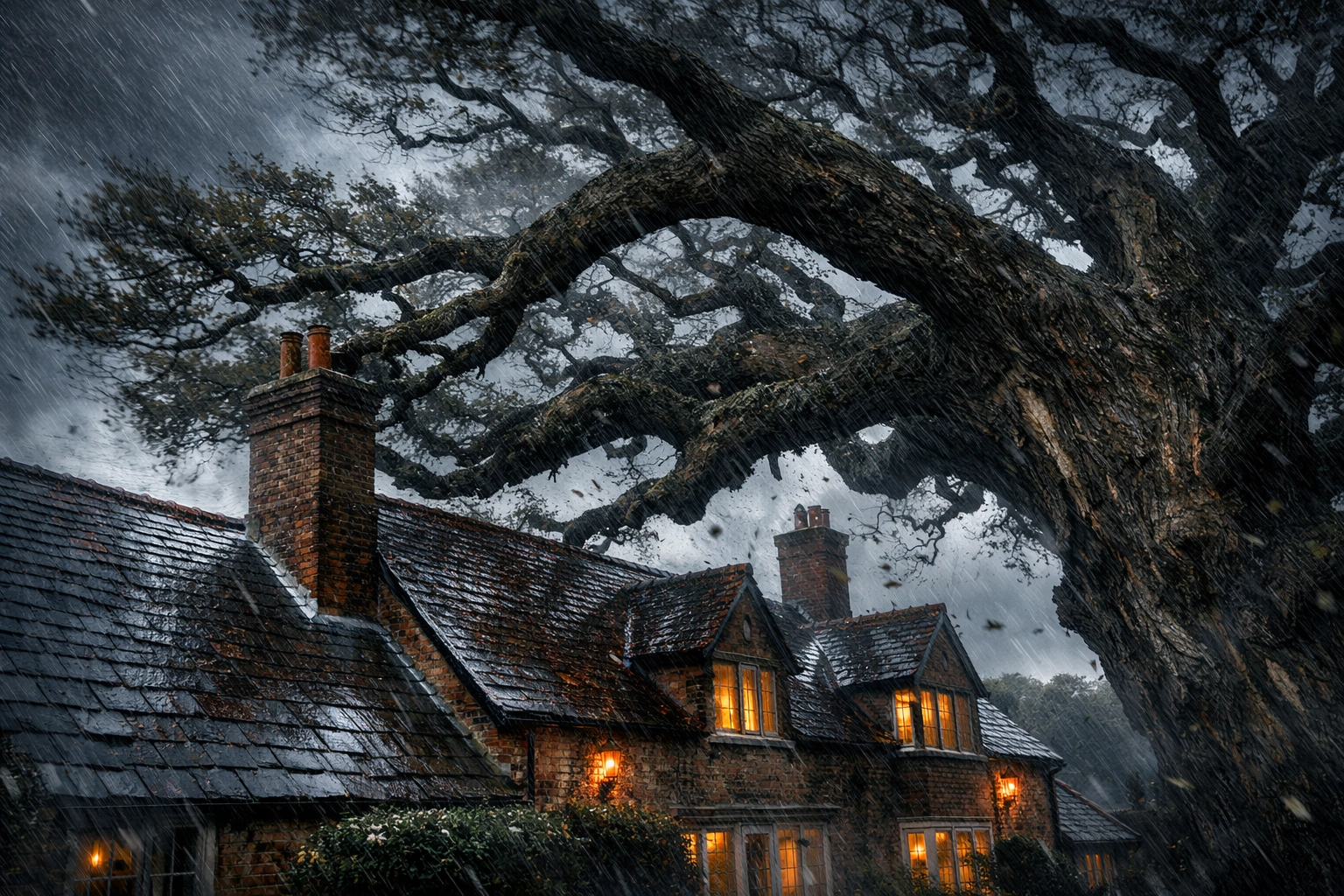 Large tree branches swaying near a house roof in Marlow during high winds and heavy rain.