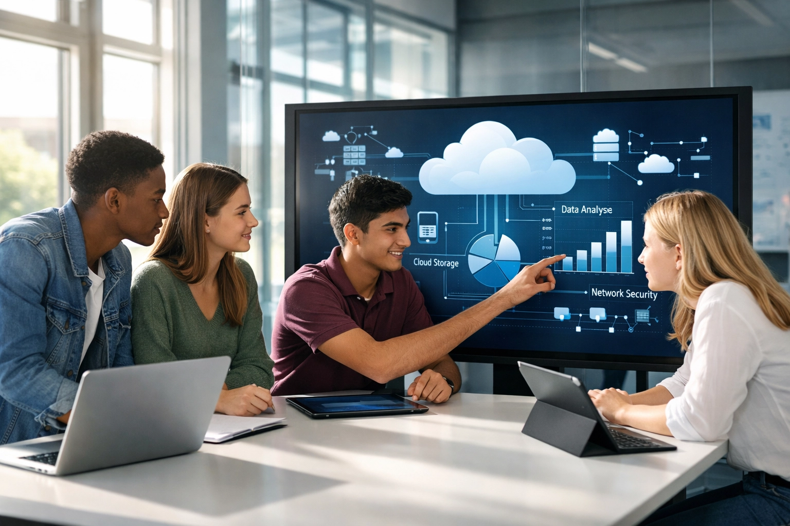 High school students collaborating on cloud computing project in modern STEM classroom