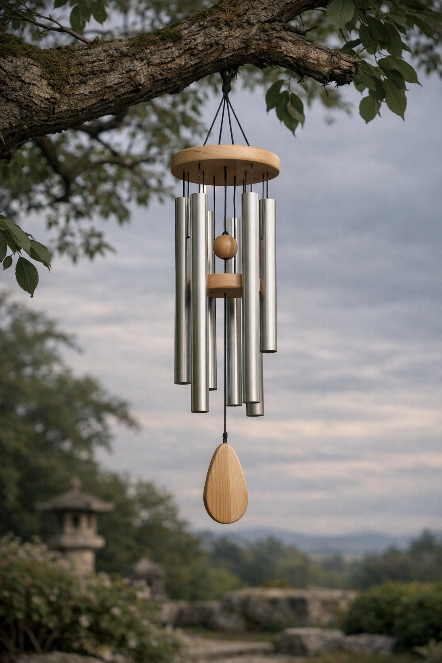 Elegant memorial wind chimes hanging in a quiet garden, a serene pet memorial idea for lasting comfort and remembrance.