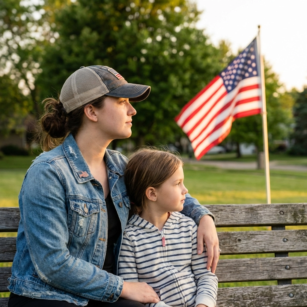 Does the Pledge of Allegiance Still Matter in 2026? Here's the Truth Female veteran and daughter sit on a park bench, reflecting on the American flag and shared national ideals.