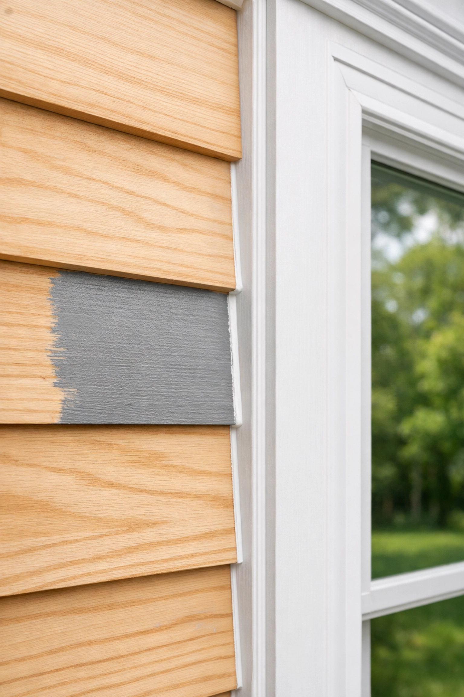 Close-up of freshly sanded wood and new caulk on a home exterior, ready for professional painting.