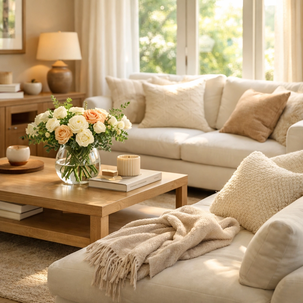 Luxury vacation home living room with plush sofas and natural light combining hotel elegance with home comfort