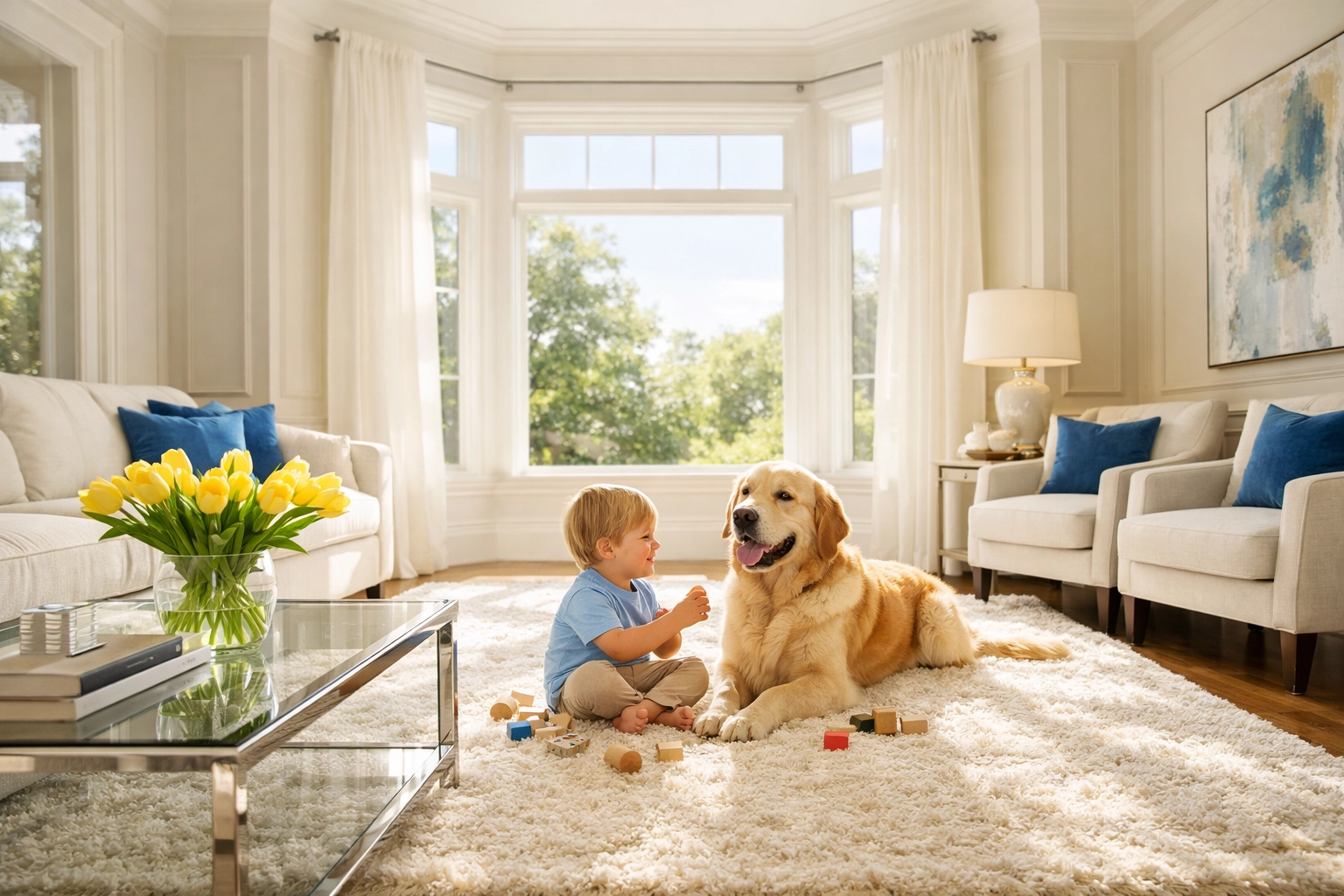 A child and pet playing in a clean, toxin-free Wellesley home using eco-friendly house cleaning.