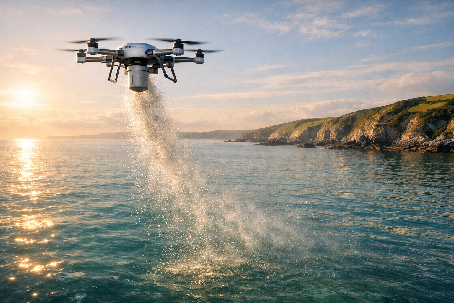 Drone scattering ashes over the sea at Porthallow Beach, Cornwall, for a peaceful memorial service.