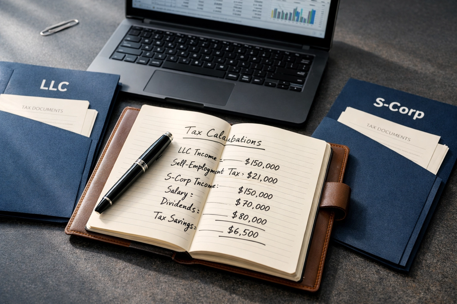 LLC and S-Corp tax documents with financial spreadsheets on executive desk for business tax planning