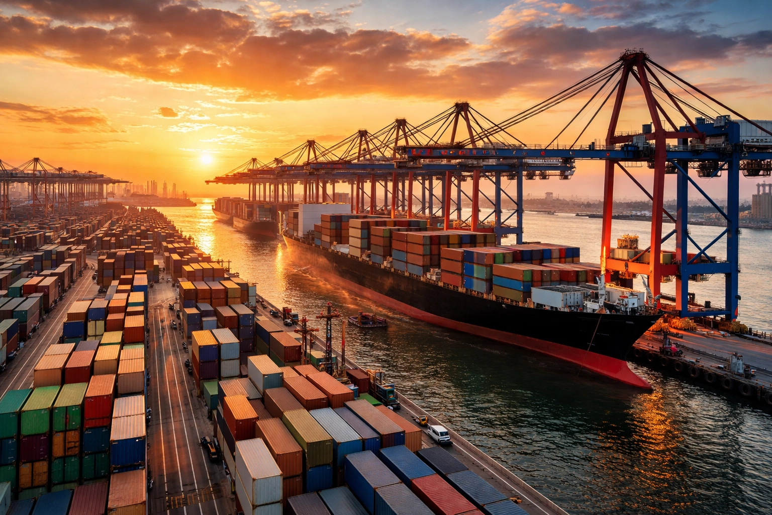 Busy Asian container port with gantry cranes loading ships at one of China's major international seaports