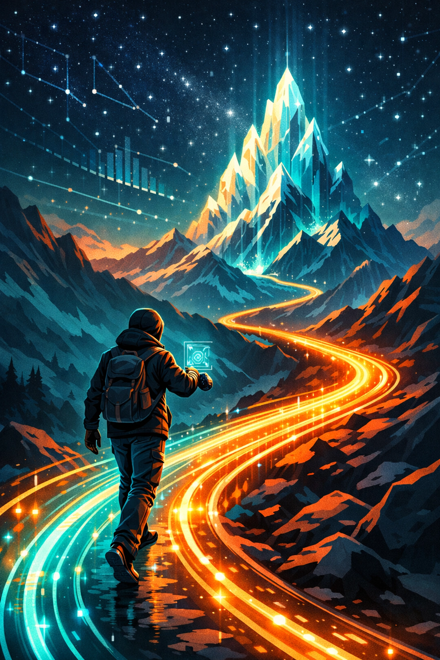 An illustration of a student pacing toward a mountain peak, symbolizing the marathon mindset in online education.