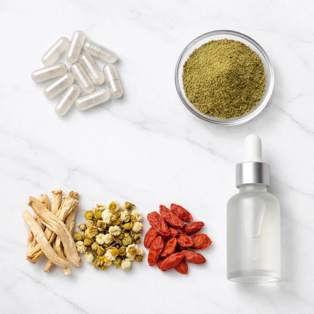 Different herbal supplement formats: capsules, powder, liquid extract, and dried botanicals