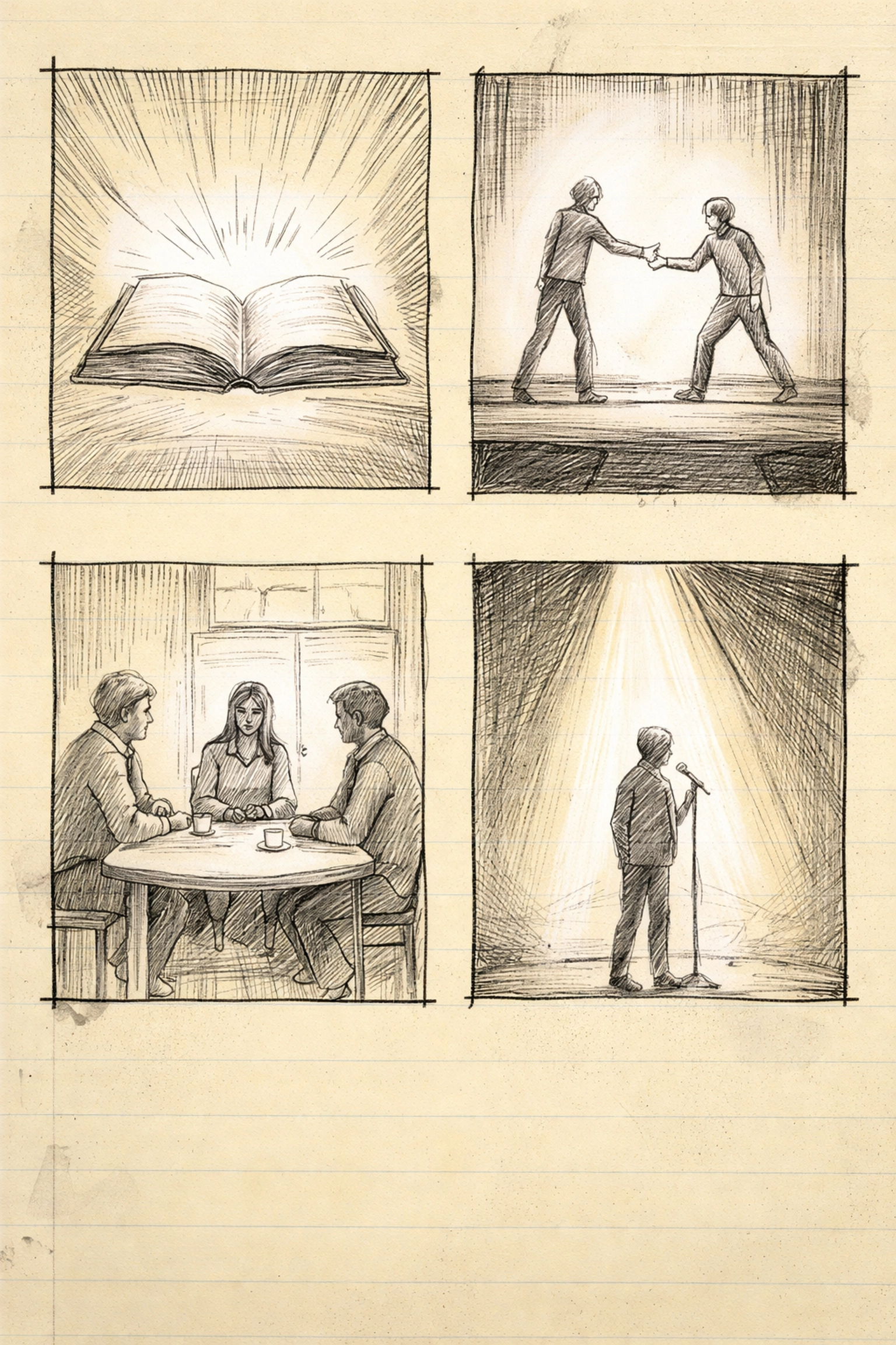 Four-panel storyboard depicting where stories live: books, stages, kitchen tables, and public discourse