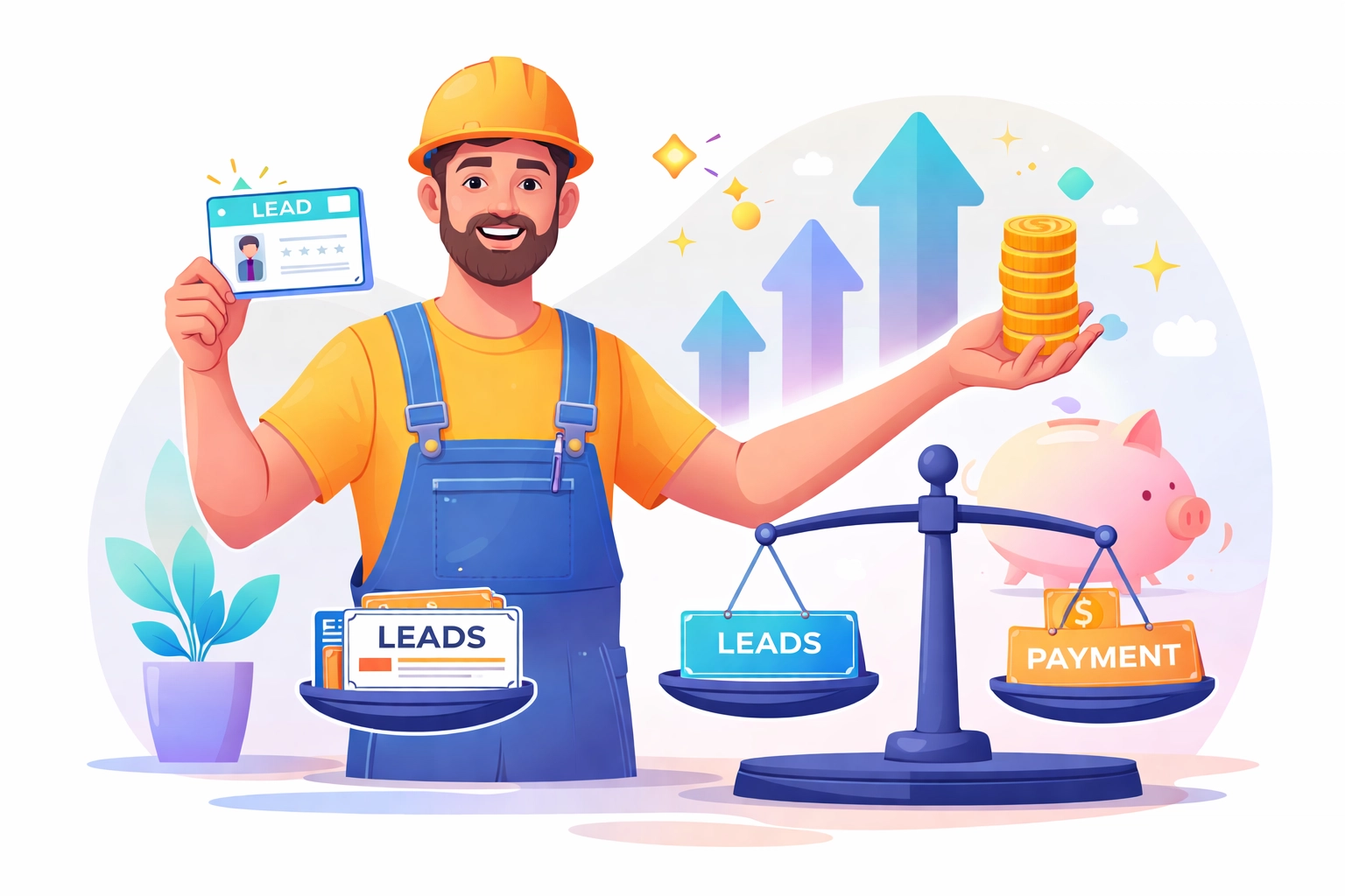 Confident contractor holding a lead card and coins, showing pay-per-lead lead generation savings
