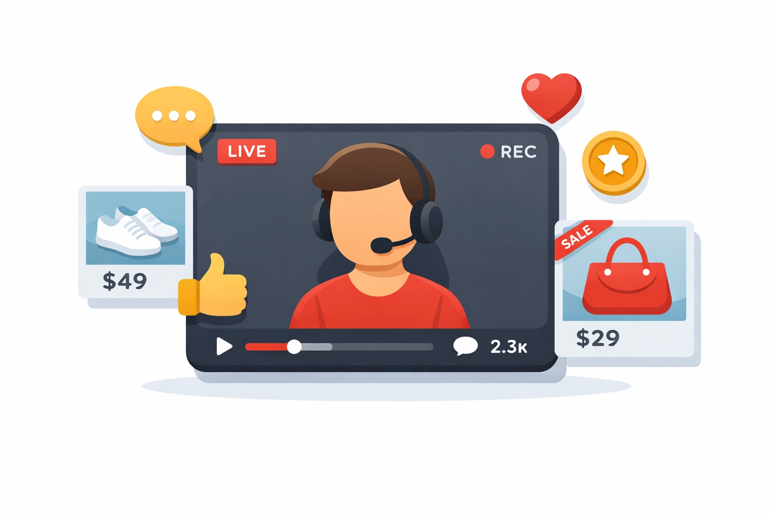 Interactive webinar platform showing a live stream shopping session with real-time engagement and product cards.