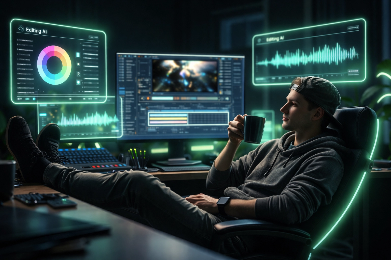 Content creator relaxing in an editing studio as AI panels handle video editing tasks, highlighting the ease of using generative AI in media solutions