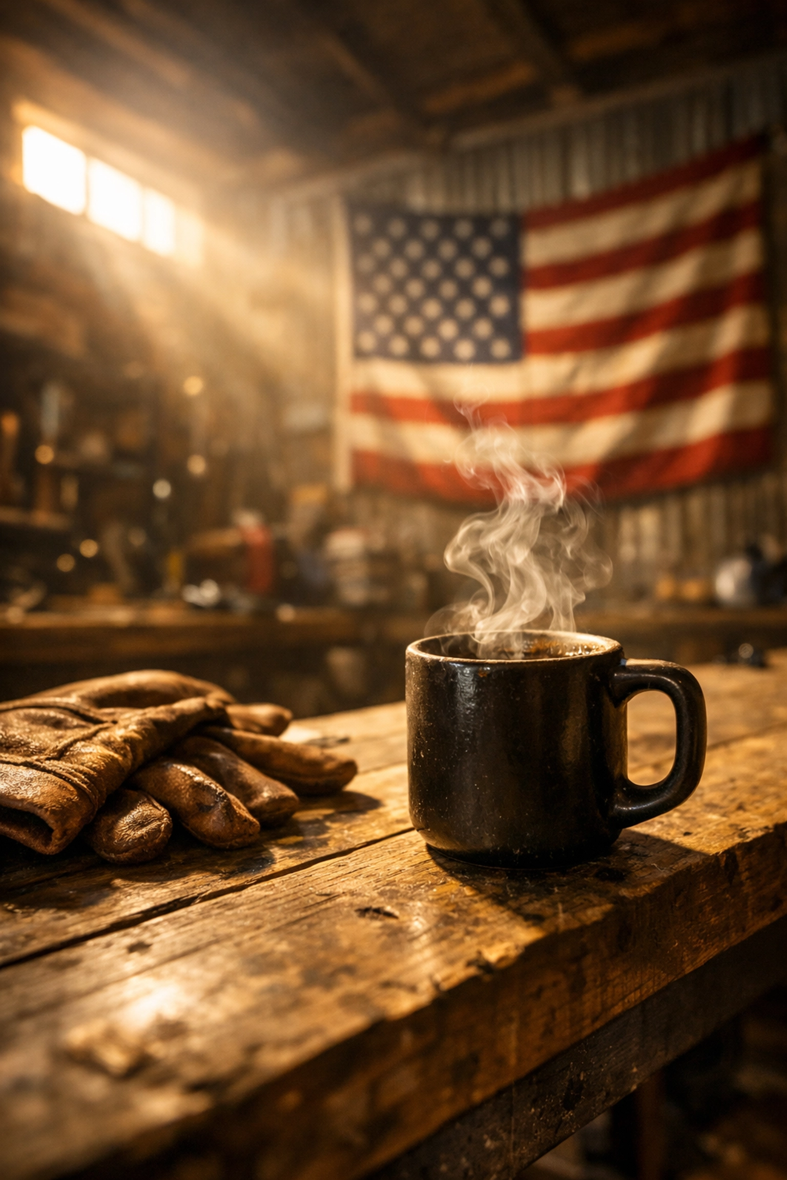 Steaming coffee mug on a rustic workbench, symbolizing the launch of a new mission-driven coffee brand.