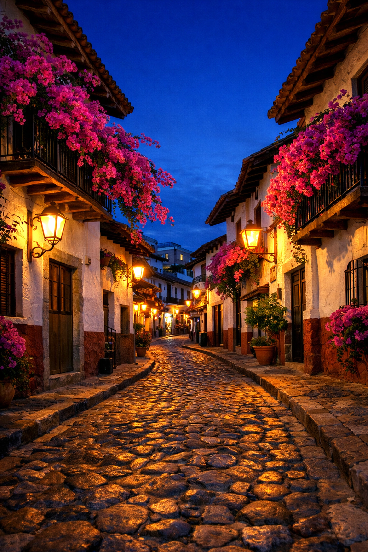 Winding cobblestone streets of Puerto Vallarta's Old Town at dusk with glowing street lamps and pink bougainvillea.