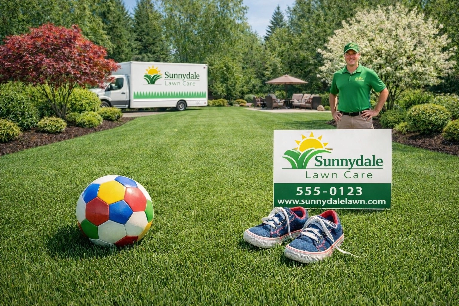 A perfectly manicured backyard with vibrant green grass and professional mow stripes.