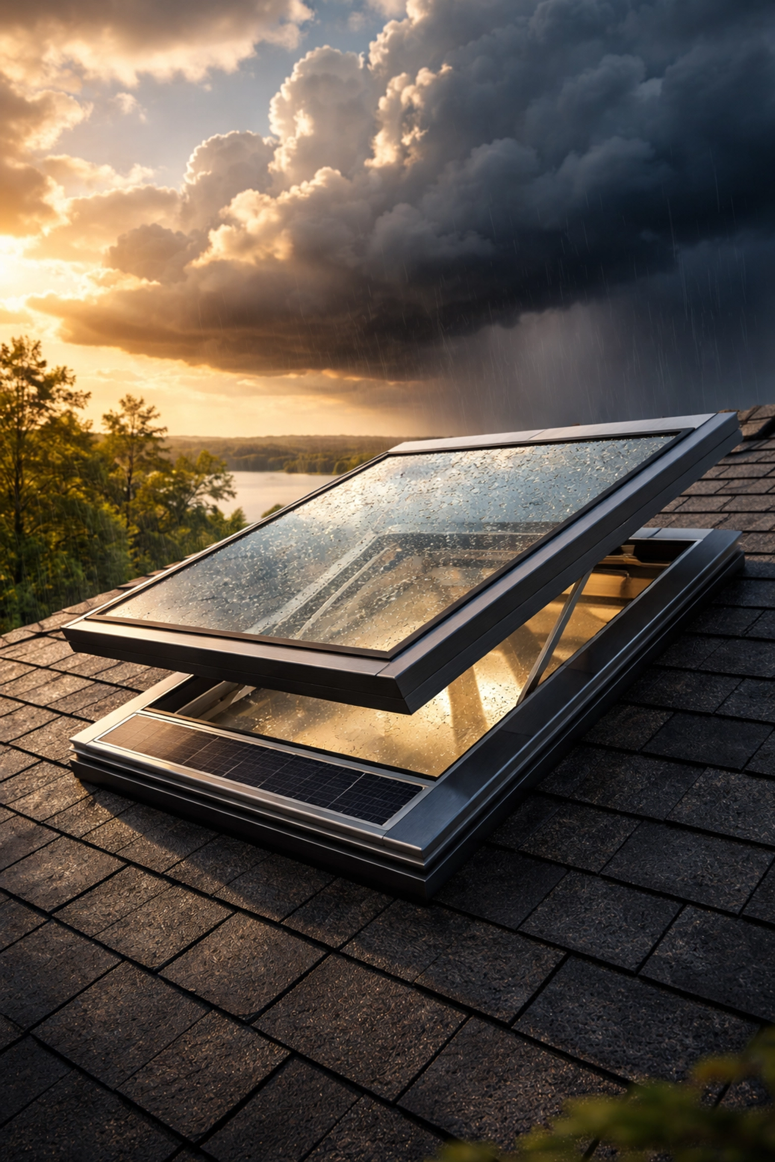 Solar-powered skylight partially open on a Charlotte home with storm clouds and sunlight, showcasing smart roof technology.