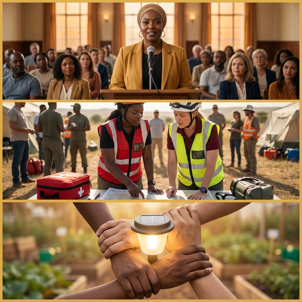 Feature image is split into three: The top pictures shows a lady speaker at a podium with an audience behind her. The middle image shows two women at an disaster site going over information. The bottom pictures shows four hands holding the next person's wrist to make a square. A light is in the middle of their hands. 