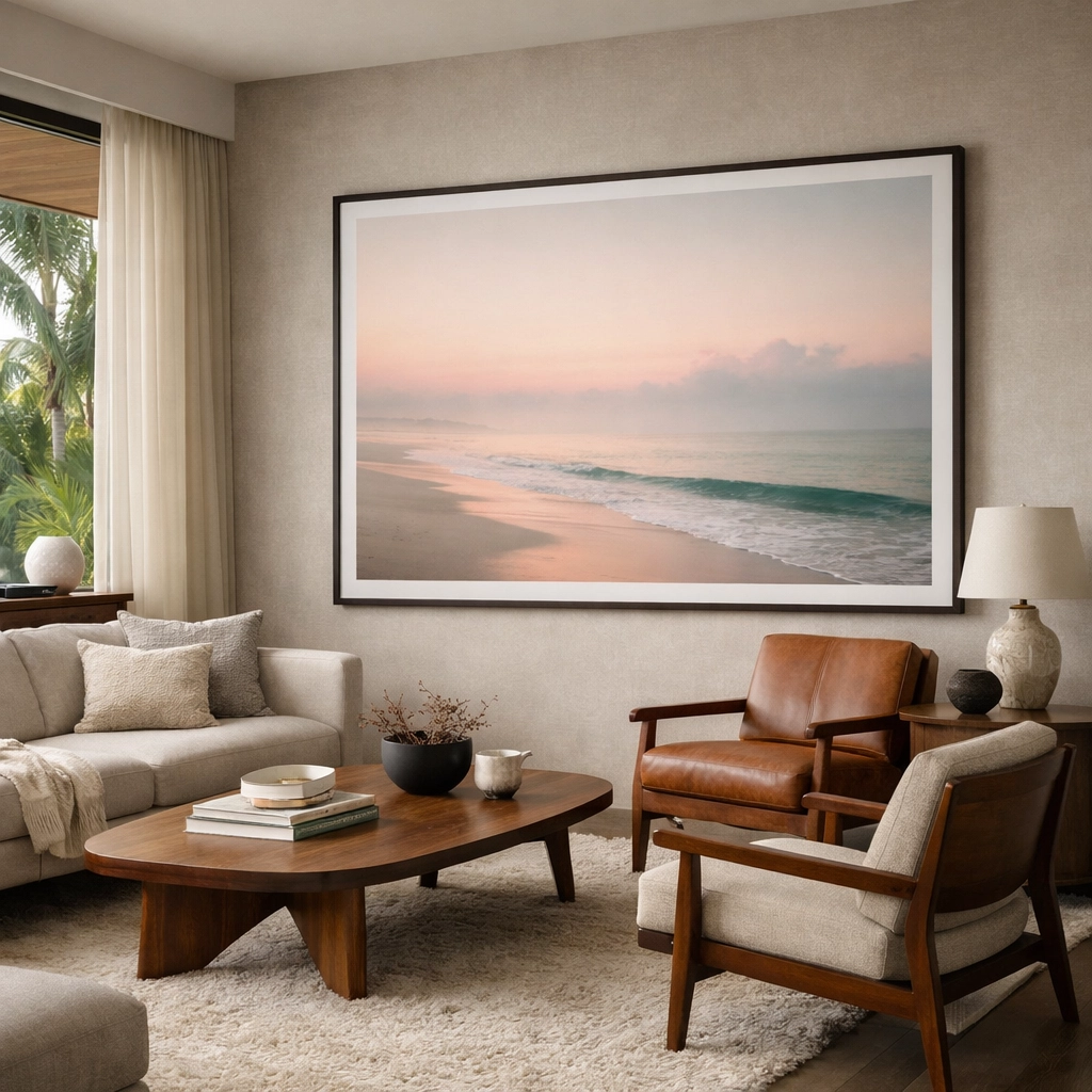 Museum quality fine art photography print of a sunrise beach scene hanging in a luxury coastal living room.