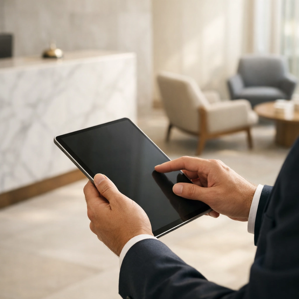 Hotel manager using a cloud-native hotel PMS on a tablet in a sun-drenched lobby.