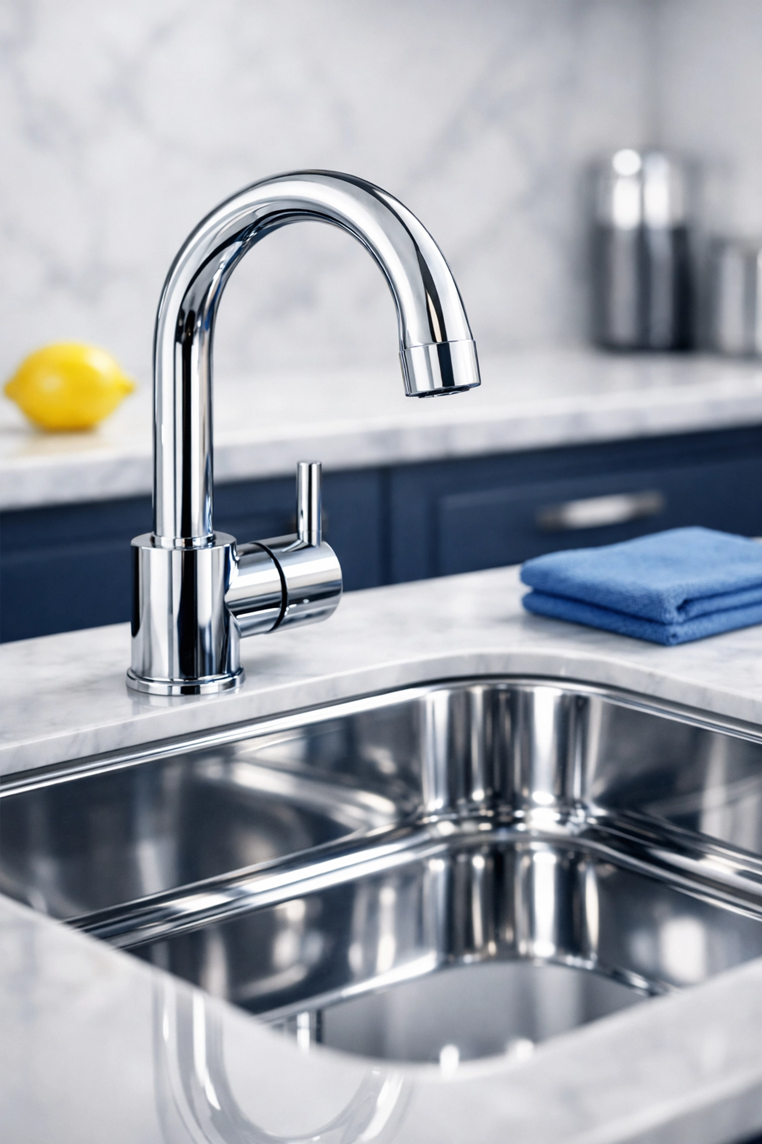 Deep cleaned stainless steel kitchen sink and marble countertops from move-in cleaning services.