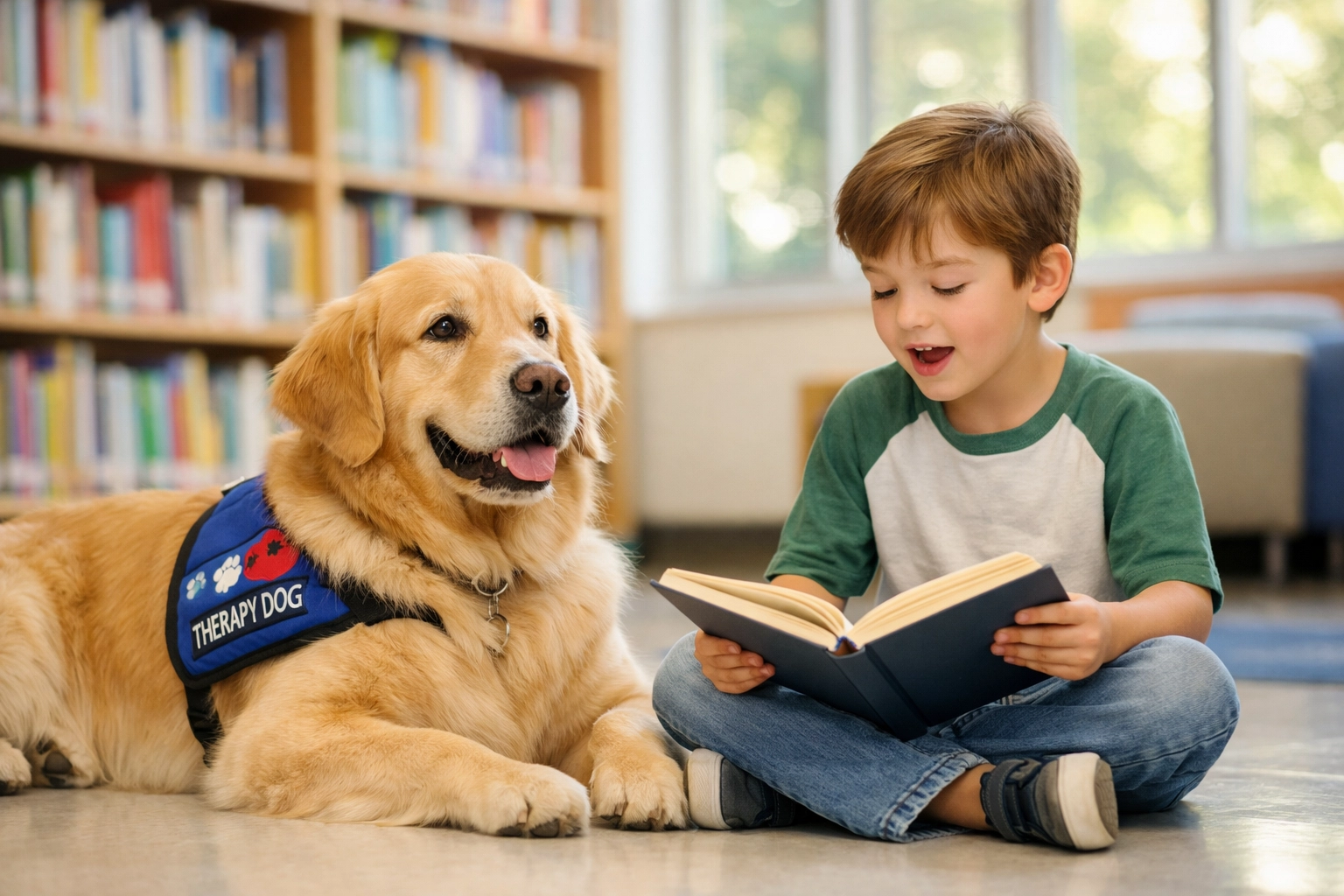 Golden Retriever therapy dog with student reading in library program