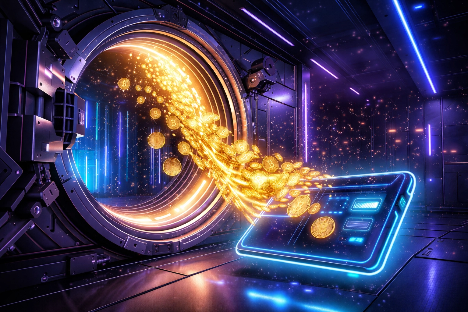 A futuristic vault opens to reveal cryptocurrency flowing into a wallet, symbolizing self-custody and financial freedom in Web3 payments.