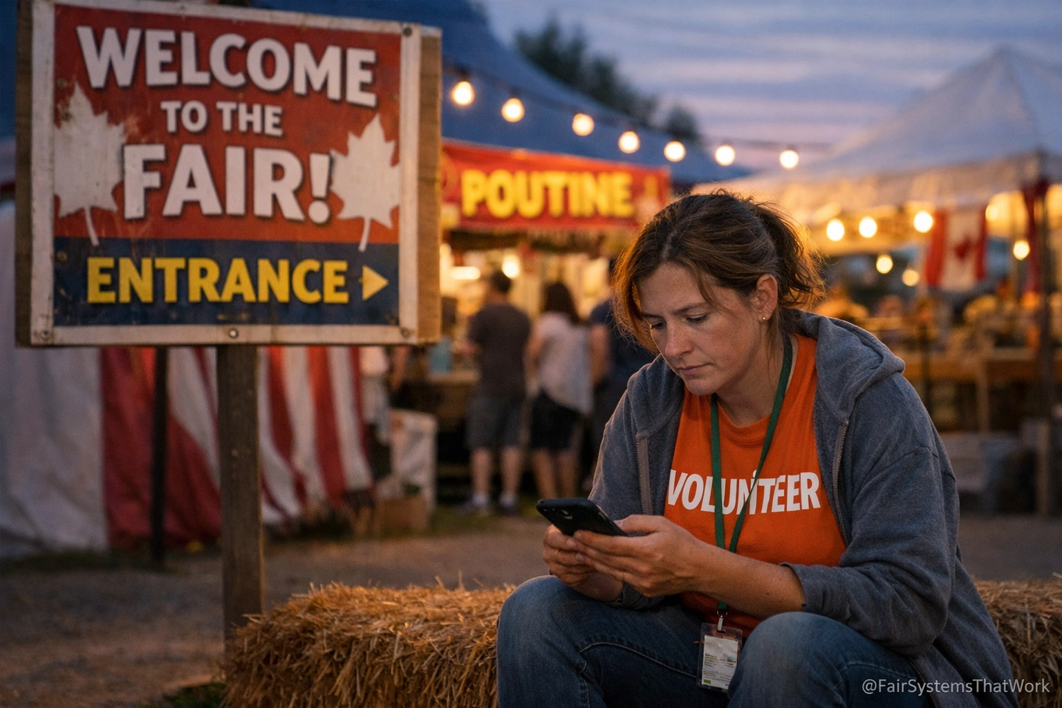A tired volunteer replies to messages on a smartphone near fair signage and vendor tents in the evening light.