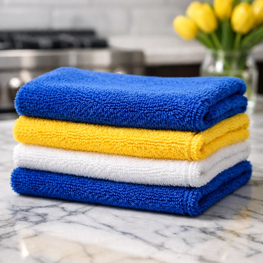 High-quality microfiber cloths on a marble counter for eco-friendly house cleaning Newton MA.