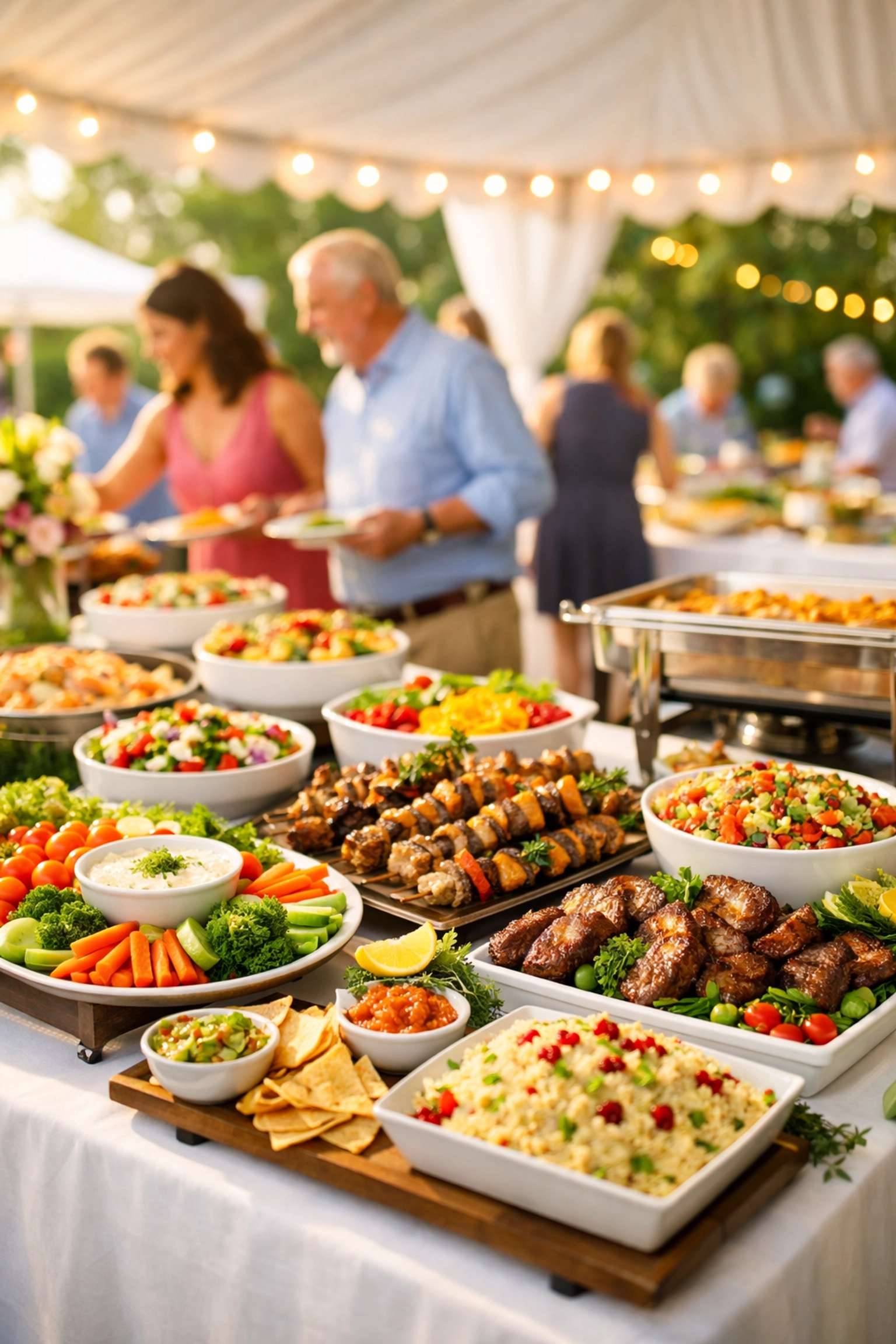 Outdoor catering buffet setup with fresh food displays at Utah event