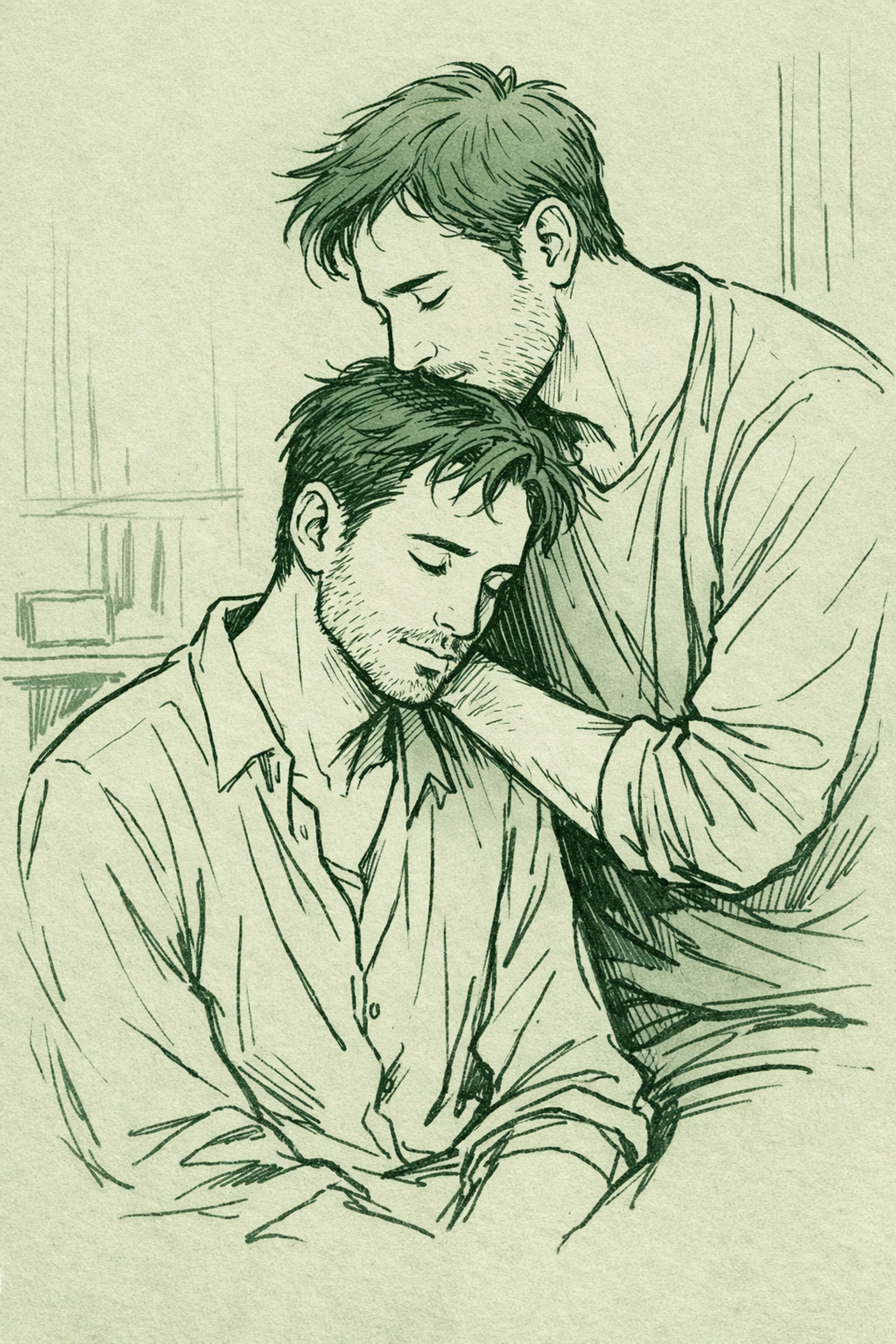 Intimate moment between two men, emphasizing emotional depth and vulnerability in gay romance fiction.