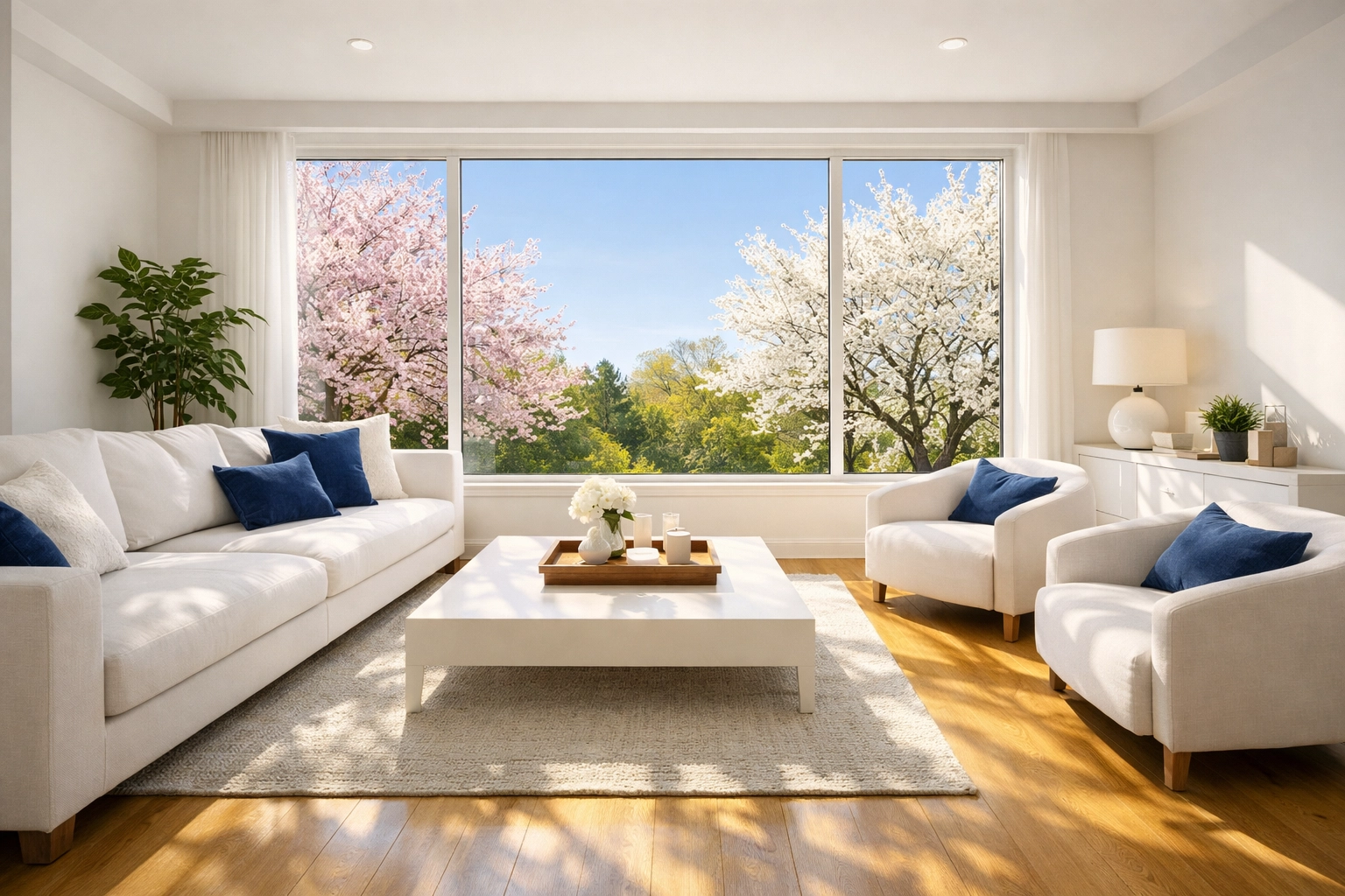 A bright, clean living room with high indoor air quality to protect against spring allergies.