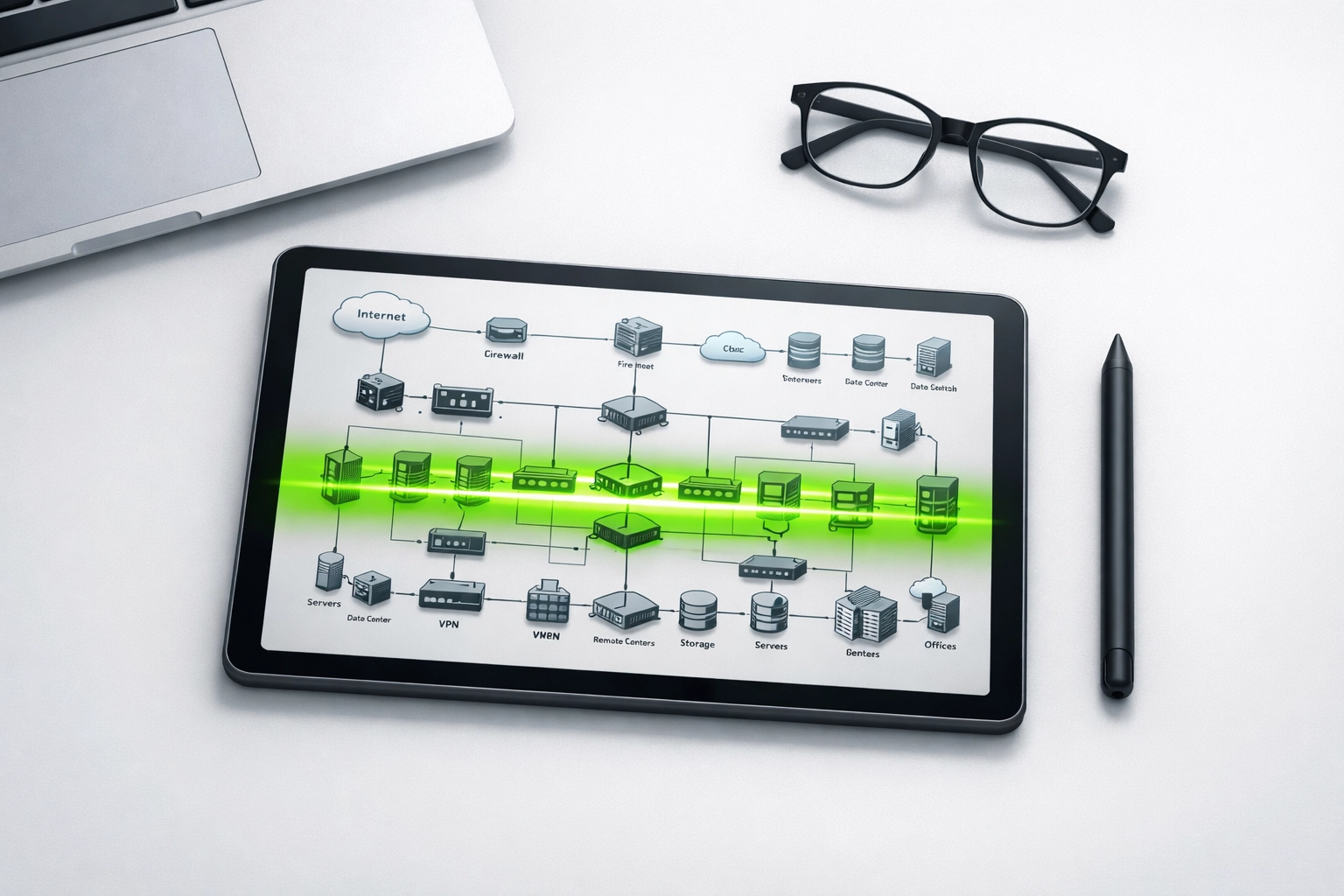 Network topology audit scan on a tablet during a CMMC gap analysis by managed IT services in Ventura.