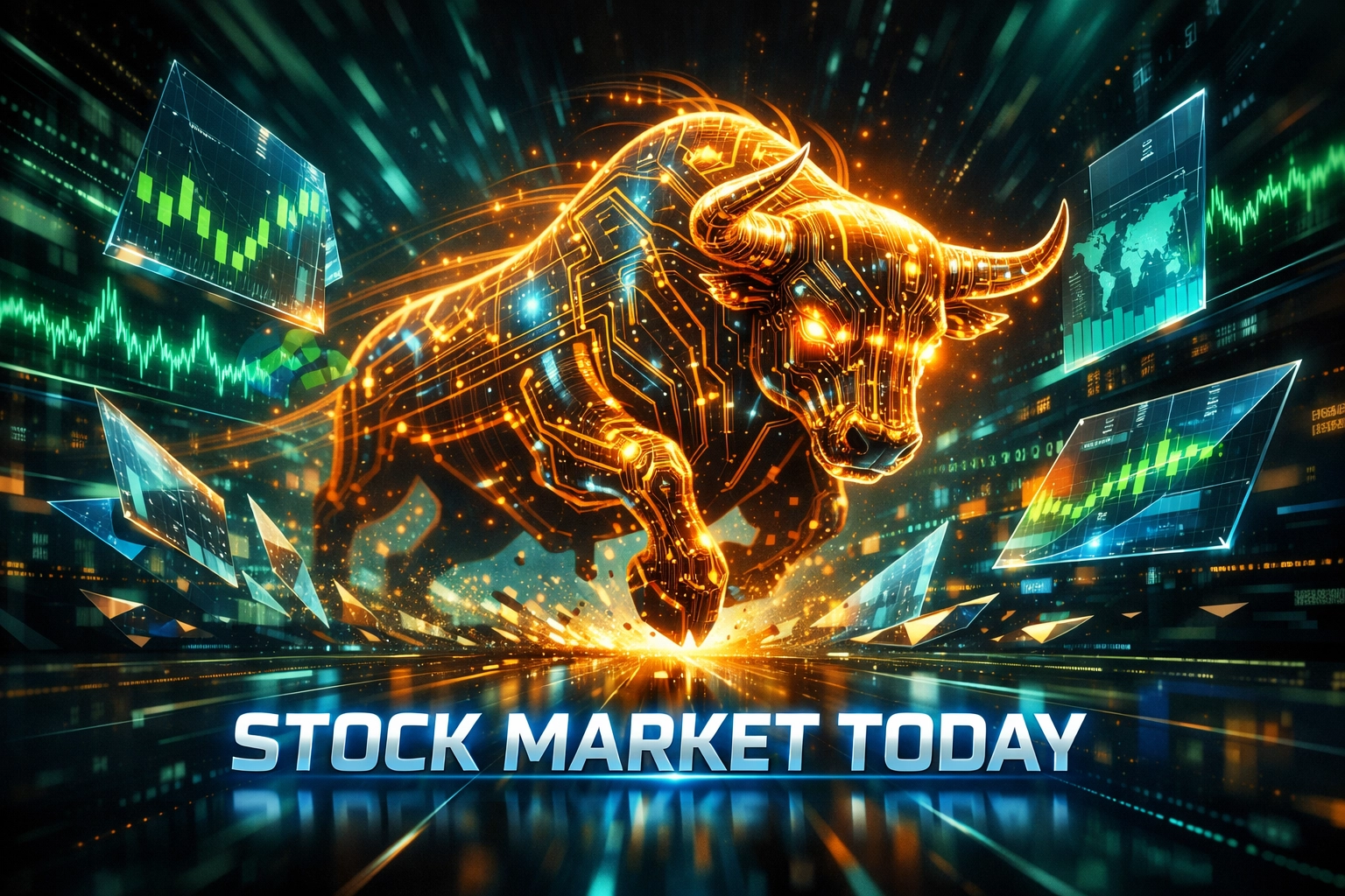 A glowing digital bull charging through data streams illustrating high-speed technology in the stock market today.