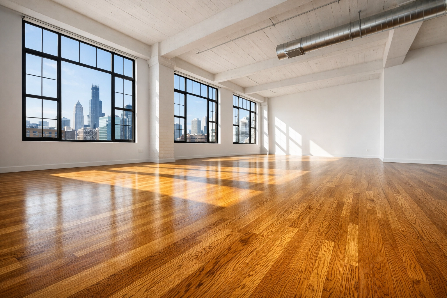 Rent-ready Chicago luxury loft with clean hardwood floors and industrial windows.