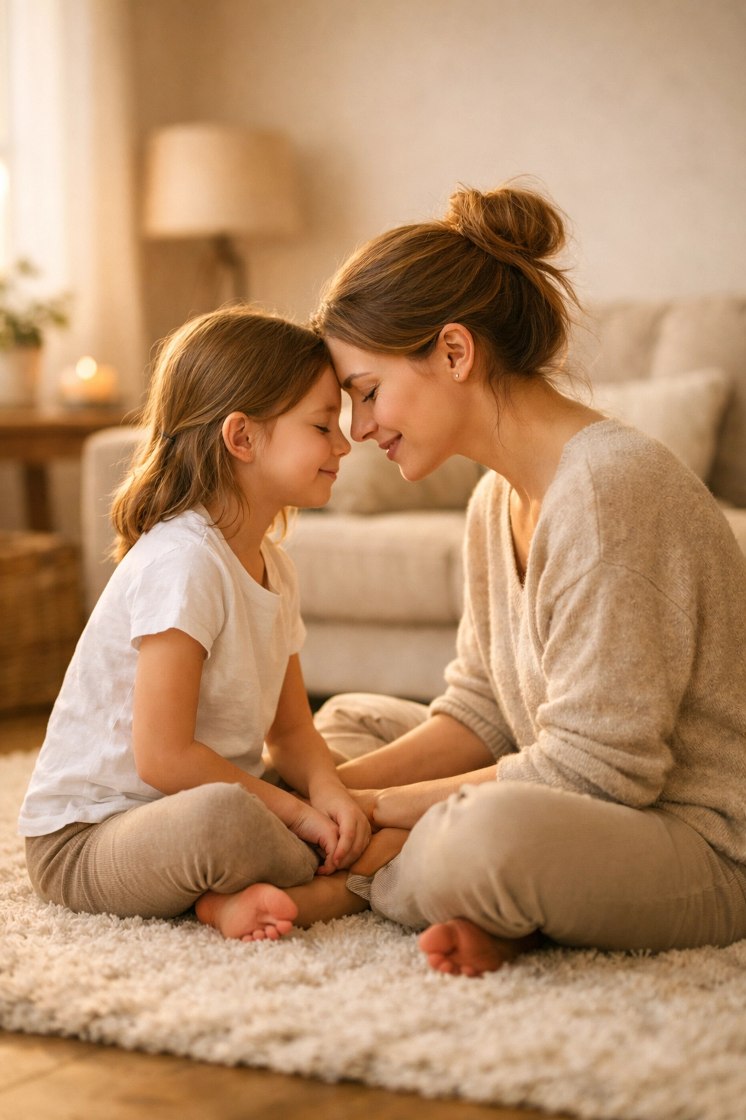 Mother and daughter sharing a peaceful moment of connection, highlighting emotional wellness for busy families.