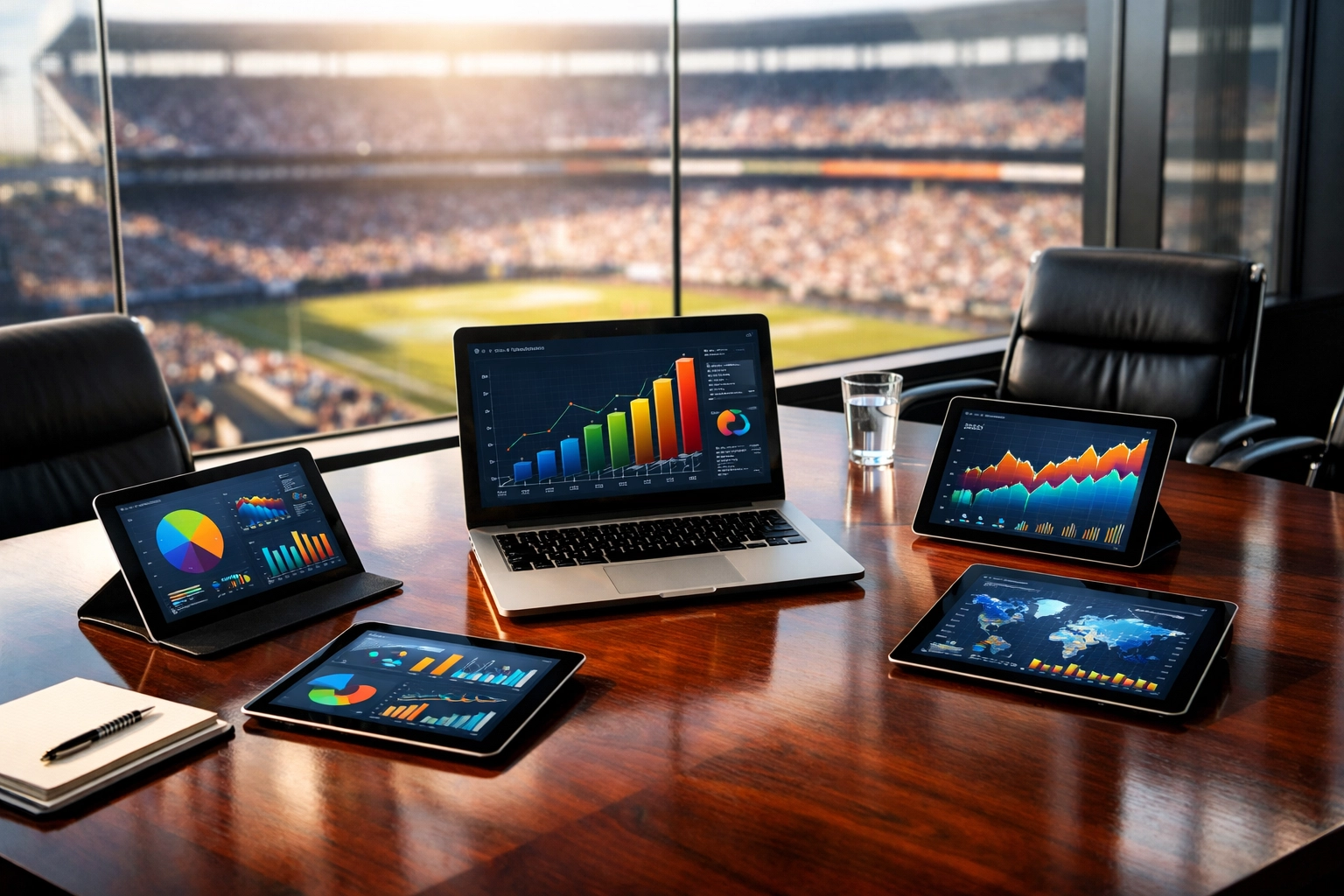 Executive boardroom with data analytics charts for Super Bowl 2026 branding and ROI strategy.