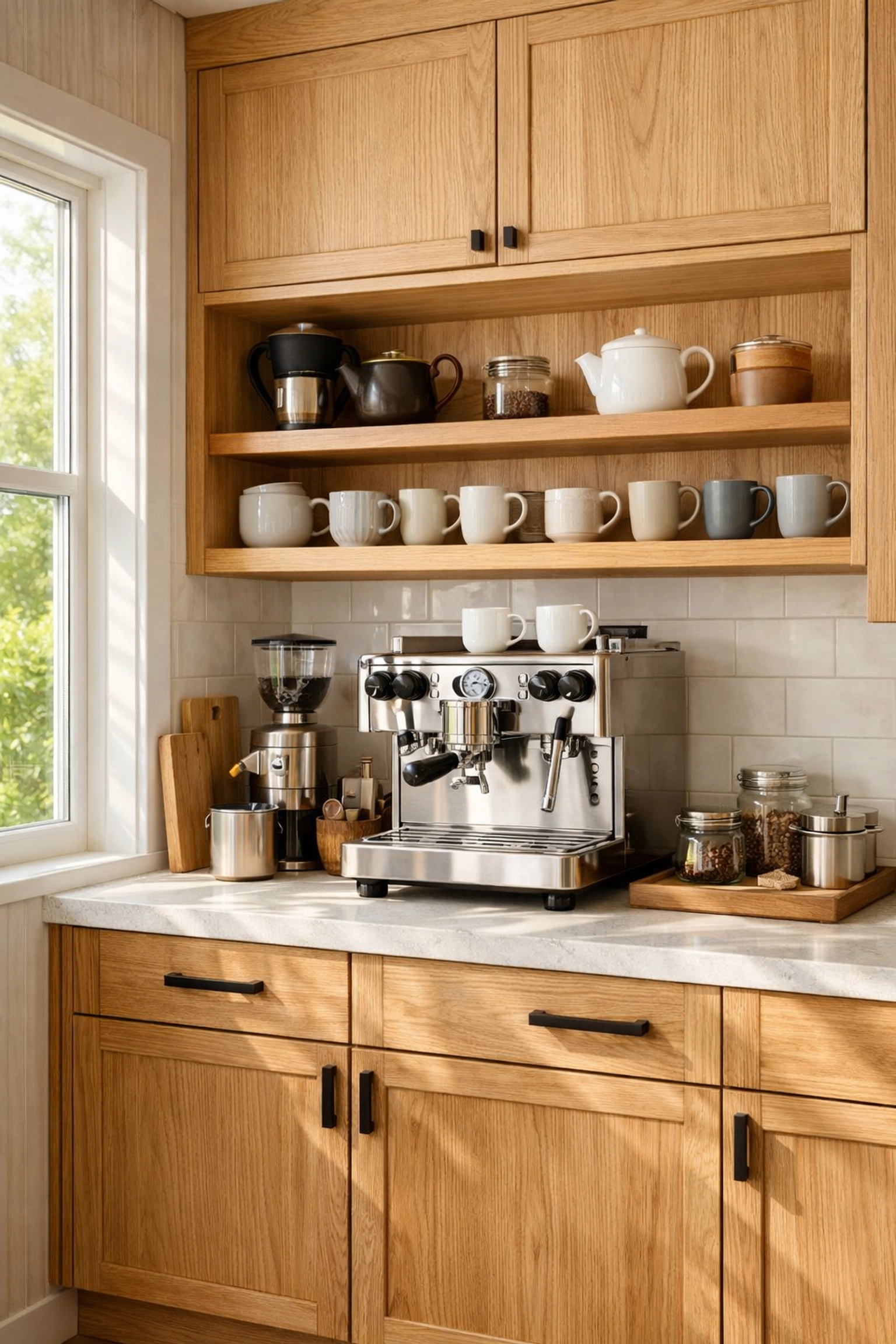 Custom white oak cabinets and coffee station in a bright Minnesota kitchen renovation.