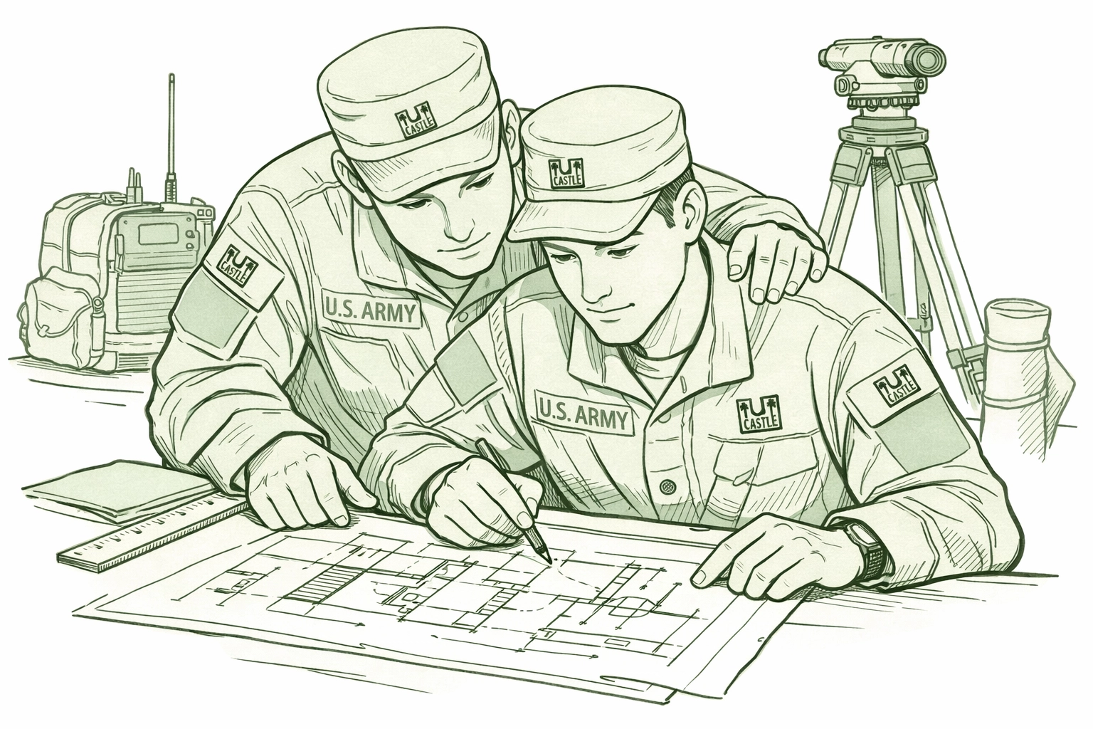 Two Army Corps of Engineers review blueprints together in MM military romance scene