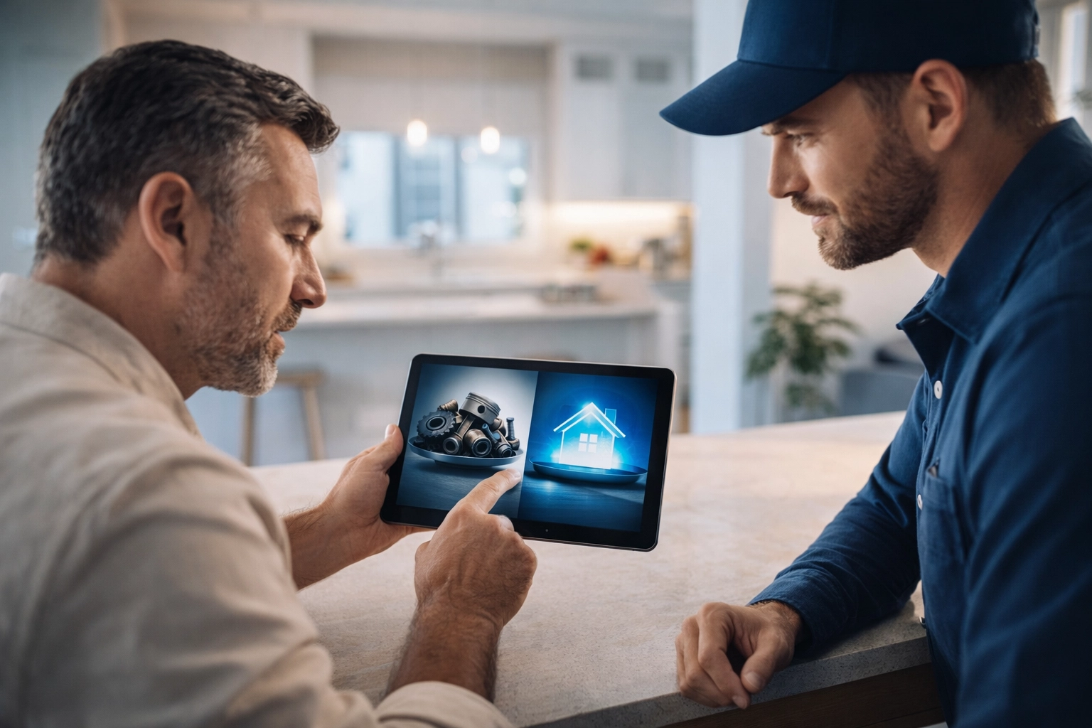Homeowner reviewing repair vs replacement options on a tablet with a contractor nearby in a modern, bright interior.