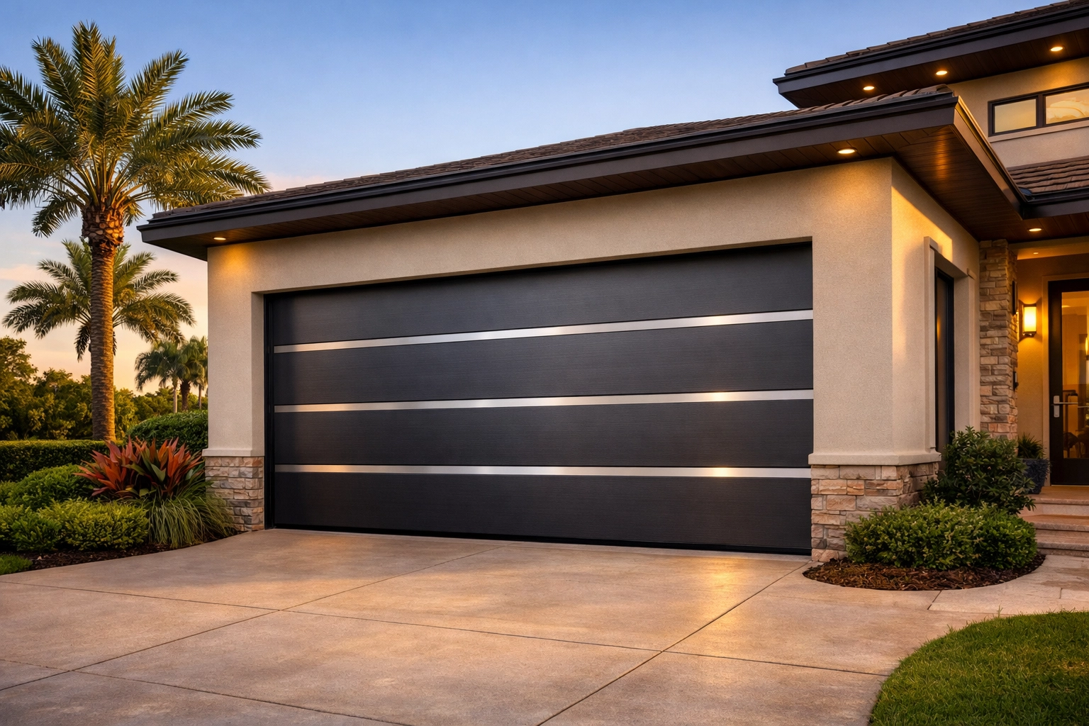 Modern garage door replacement on Orlando home with landscaping and curb appeal