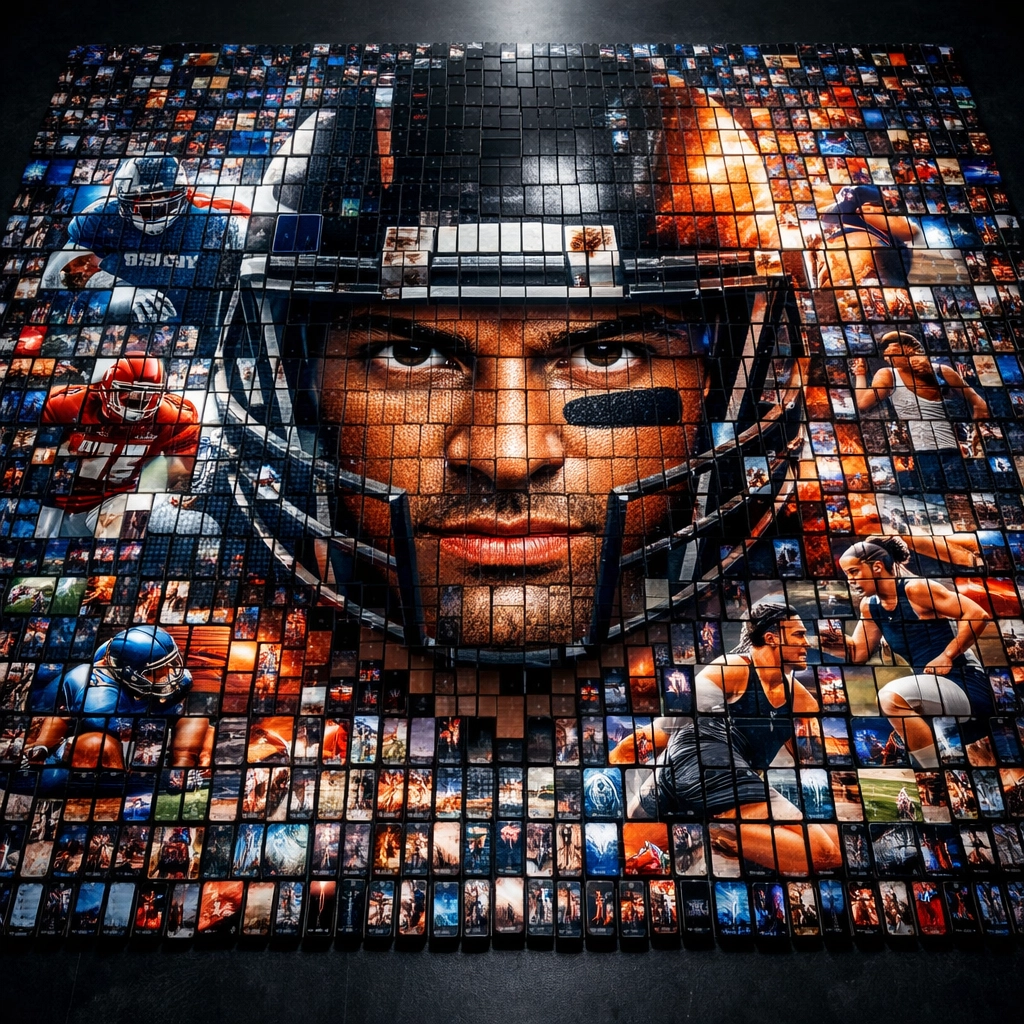 Network of connected NIL athletes shown through digital mosaic of smartphone screens