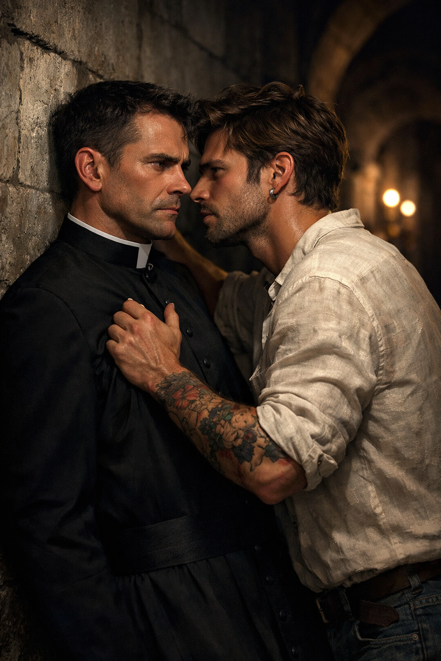 A librarian and art restorer share a tense, romantic encounter in a hidden Vatican corridor.