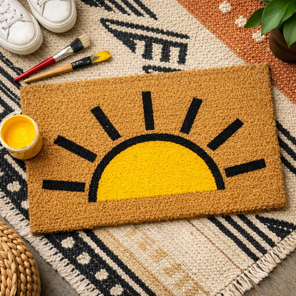 A custom DIY welcome mat with a yellow sun design created during a team building workshop in the DMV.