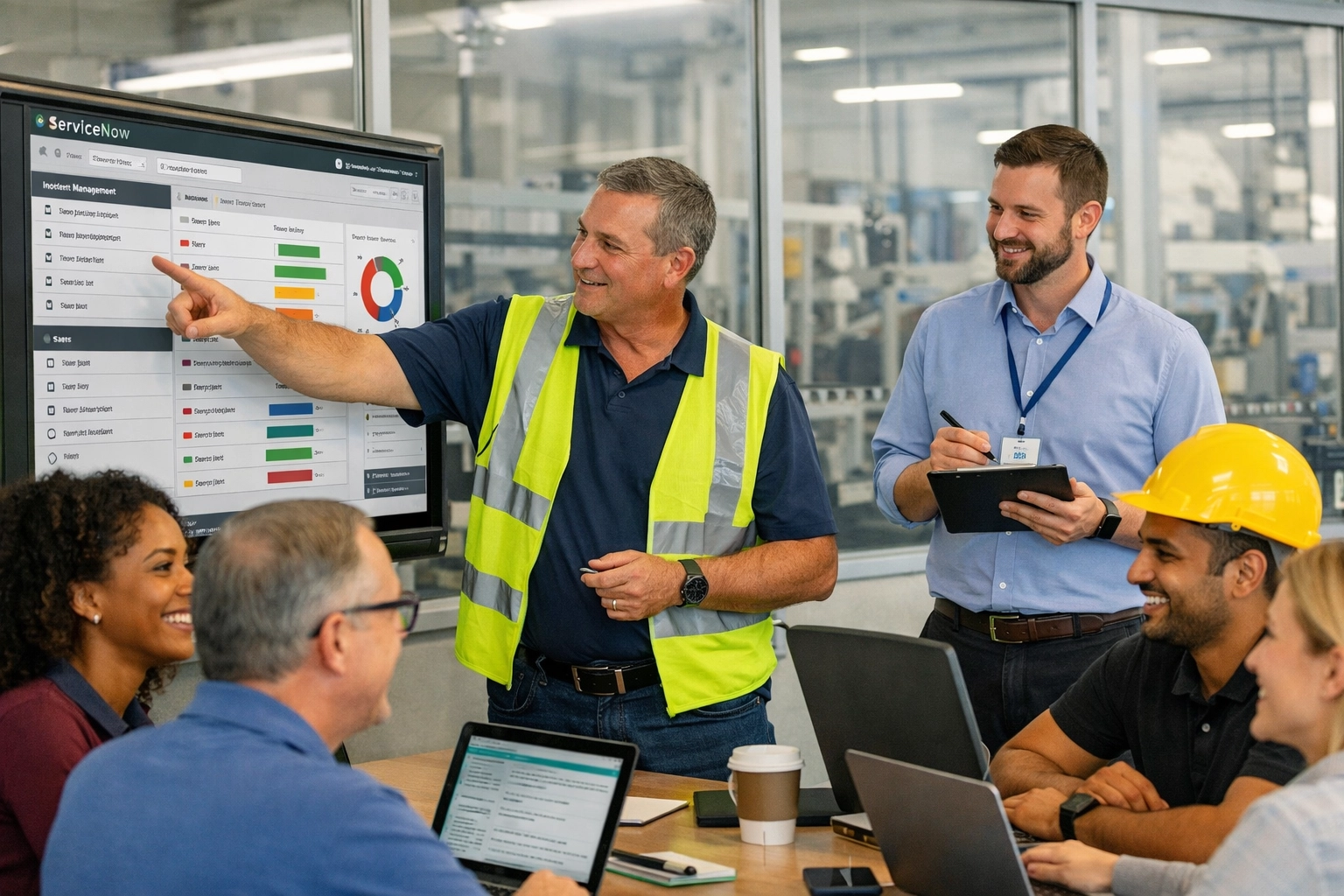 Manufacturing workers training on ServiceNow ITSM platform with IT professionals in collaborative session